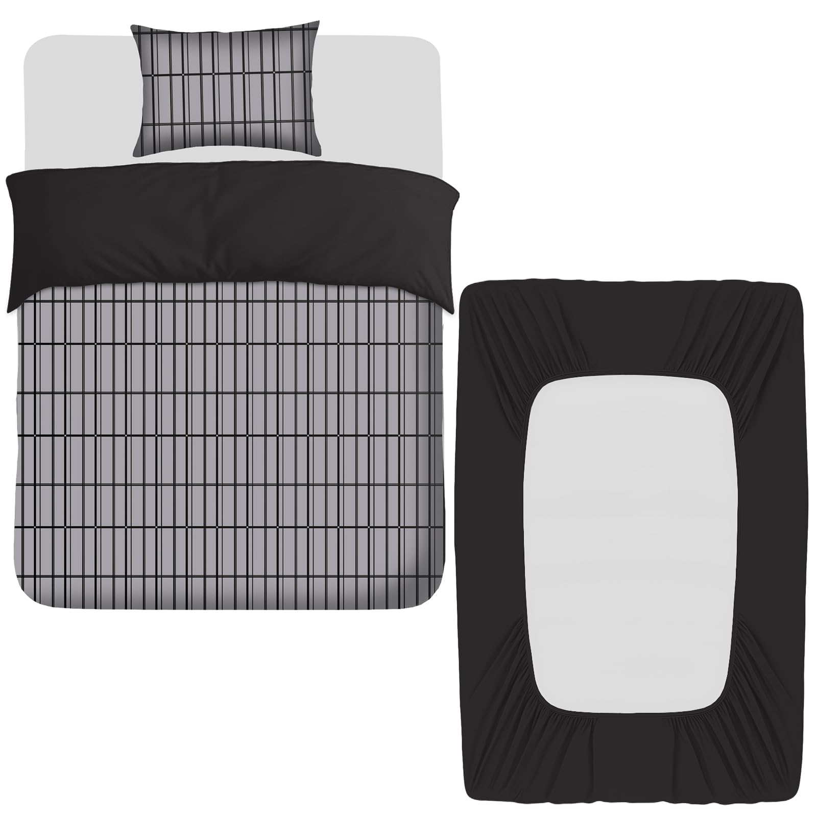 Pamposh 3 Pcs Single Duvet Cover Set with Matching Black Single Fitted Sheet 40 cm Extra Deep Pocket - UltraSoft Breathable Premium Microfibre Reversible Quilt Cover Bedding Set For All Seasons