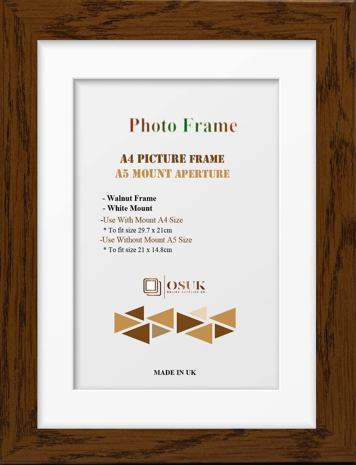 Frame Eazy Walnut Osuk A4 Frame With A5 Mount Modern Photo Frame With White Mount - Clear Perspex Front & Wall Mounting Poster Frame - A4 Frame With A5 Mount (Walnut)