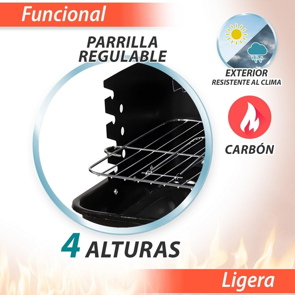 LOLAhome Barbacoa de carbón negra | De 64x38x82cm | Regulable 4 alturas, Doble parrilla Cocinar y Calentar, fácil montaje, fácil guardado | Para 10 comensales | Barbacoa jardín