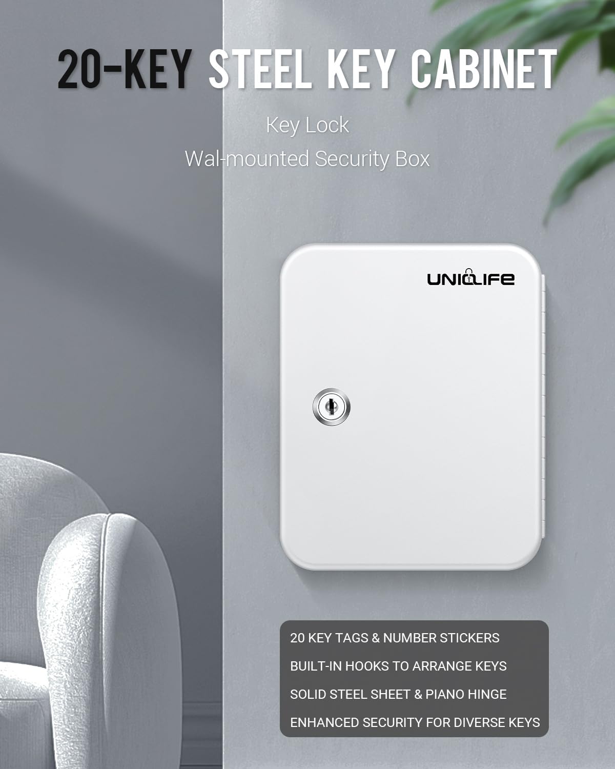 Uniclife 20 Position Key Cabinet with Key Lock Wall Mounted White Security Storage Box Steel Key Organizer with Colorful Key Tag Labels Identifiers Stickers and Hooks