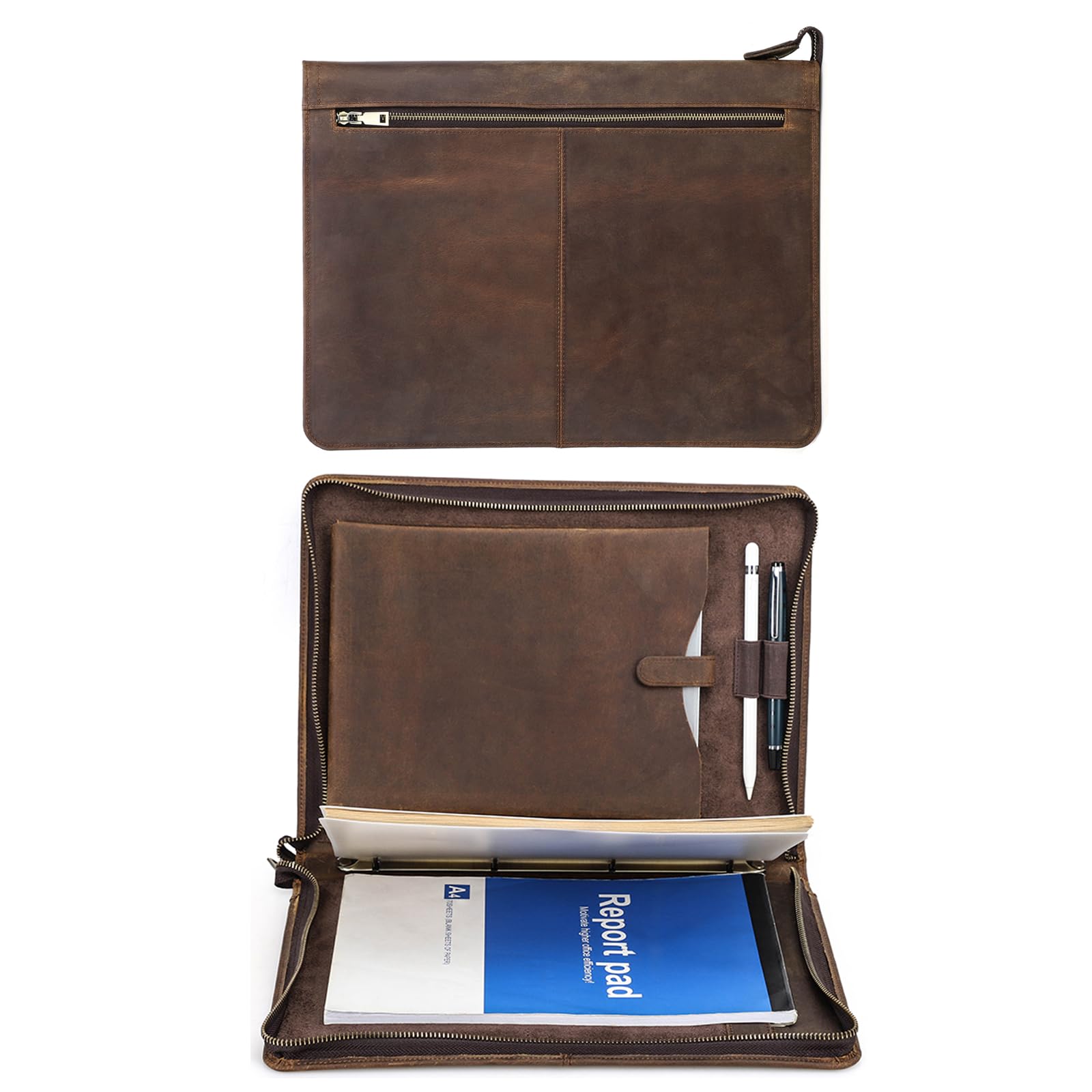 Hiram Cartella portadocumenti in pelle A4 con cerniera, multifunzione, con tasca per schizzi formato A4, tasca per tablet da 28 cm e raccoglitore a 4 anelli