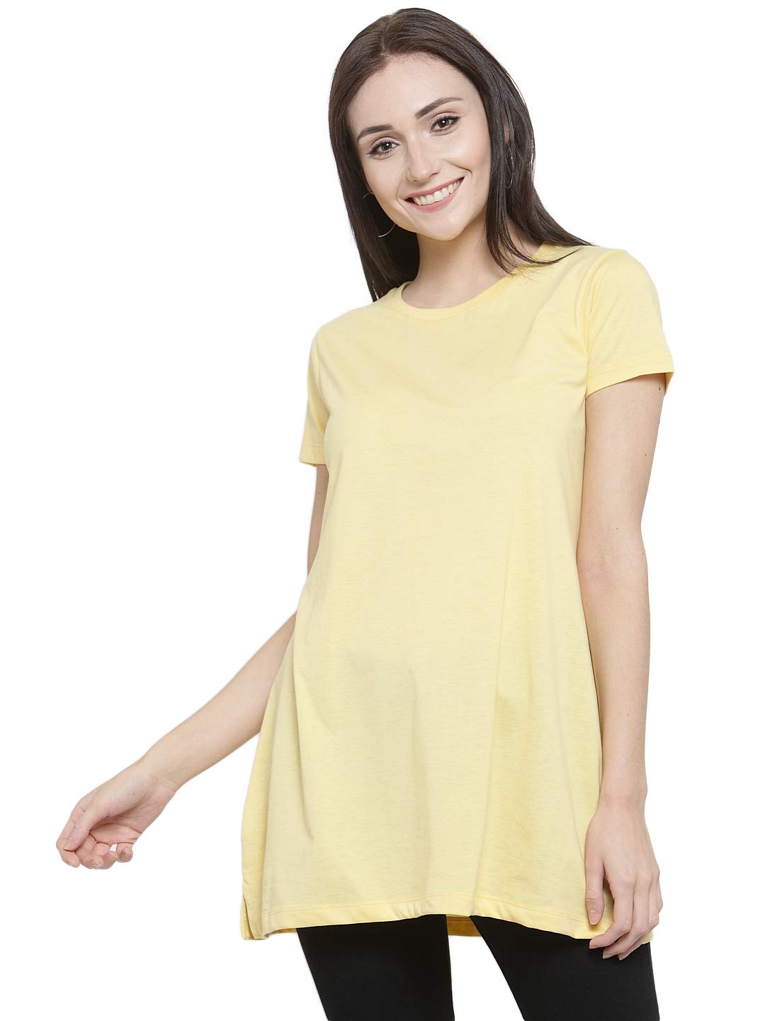 Women's Round Neck Half Sleeves Cotton Blend Tunic (Light Yellow)