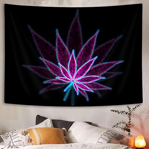 Miniatura 4 de Tapiz de hierba trippy, tapiz psicodélico de hojas de cannabis para colgar en la pared, tapiz hippie de naturaleza púrpura negro para estética de