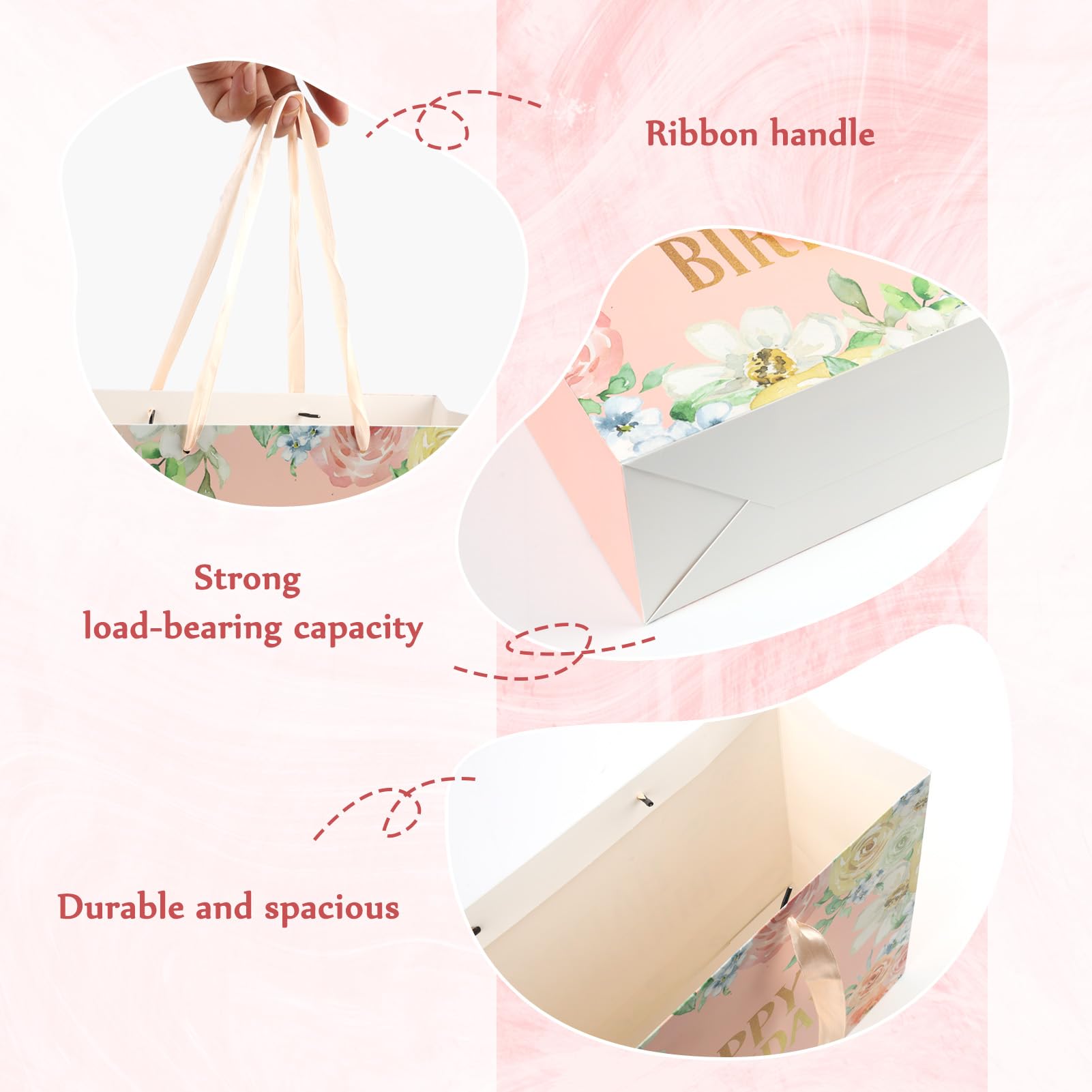LUCTHY Large Birthday Gift Bag with Handles, 3 Tissue Papers, Card, Pink-1 - Image 3