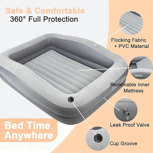 Miniatura 3 de Cama inflable de viaje portátil de 67 pulgadas para niños con 4 lados de seguridad, colchón de aire ligero para niños con bomba de alta velocidad y