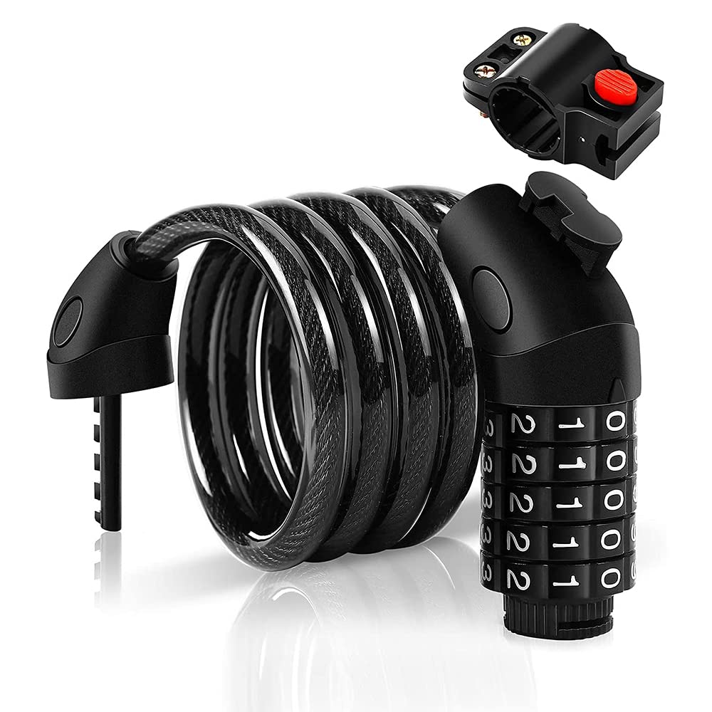 Bike Lock with 5-Digit Code, Bike Locks Cable 1.2 m/4 ft Coiled Secure Resettable Password Combination Bike Cable Lock with Mounting Bracket, Wire Lock for Bicycle Safety, Anti-Theft, Anti-Shear