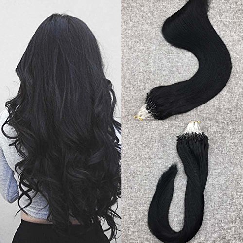 24 Inch Loop Hair Extensions Long Straight Remy Human Hair Color #1 Jet Black Micro Loop Human Hair Extensions 1g/s 50 Strands Per Pack 100% Real Human Hair Extensions