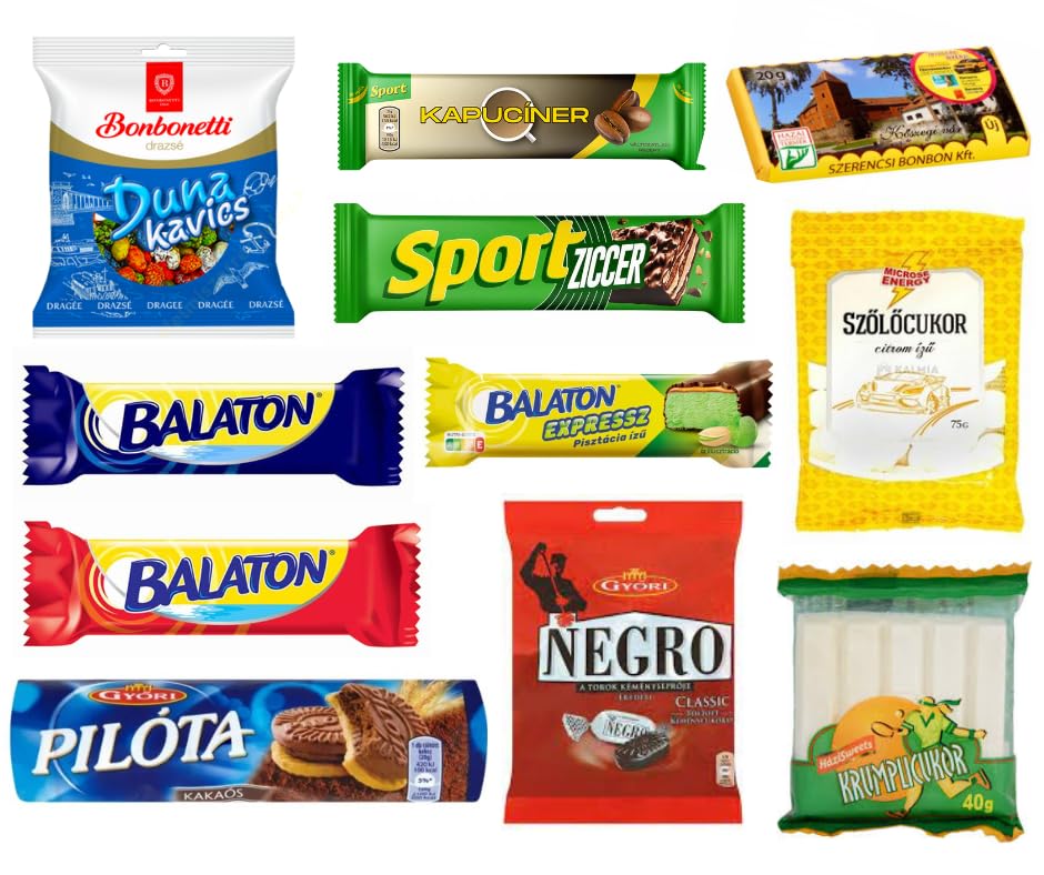 Old-School Hungarian Sweets (Retro Variety Pack: Sport Szelet, Balaton Szelet, Dunakavics, Pilota, Negro, Krumplicukor- 11 Pack)