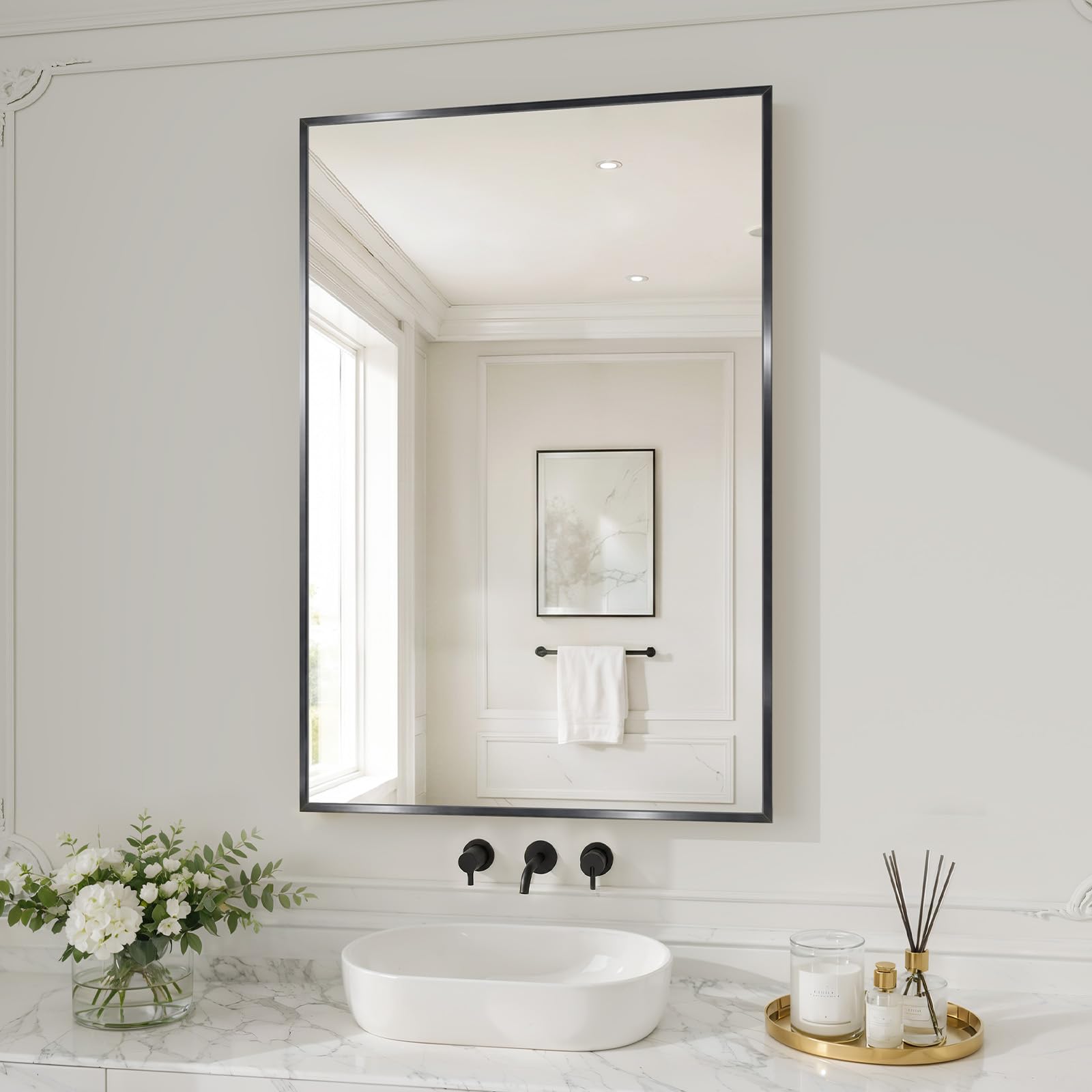 Bathroom Mirror 81x51 cm, Rectangle Wall Mirrors HD Tempered Glass Brushed Aluminum Alloy Framed Mirror for Hallway, Living Room, Bedroom, Hangs Horizontally or Vertically,Black