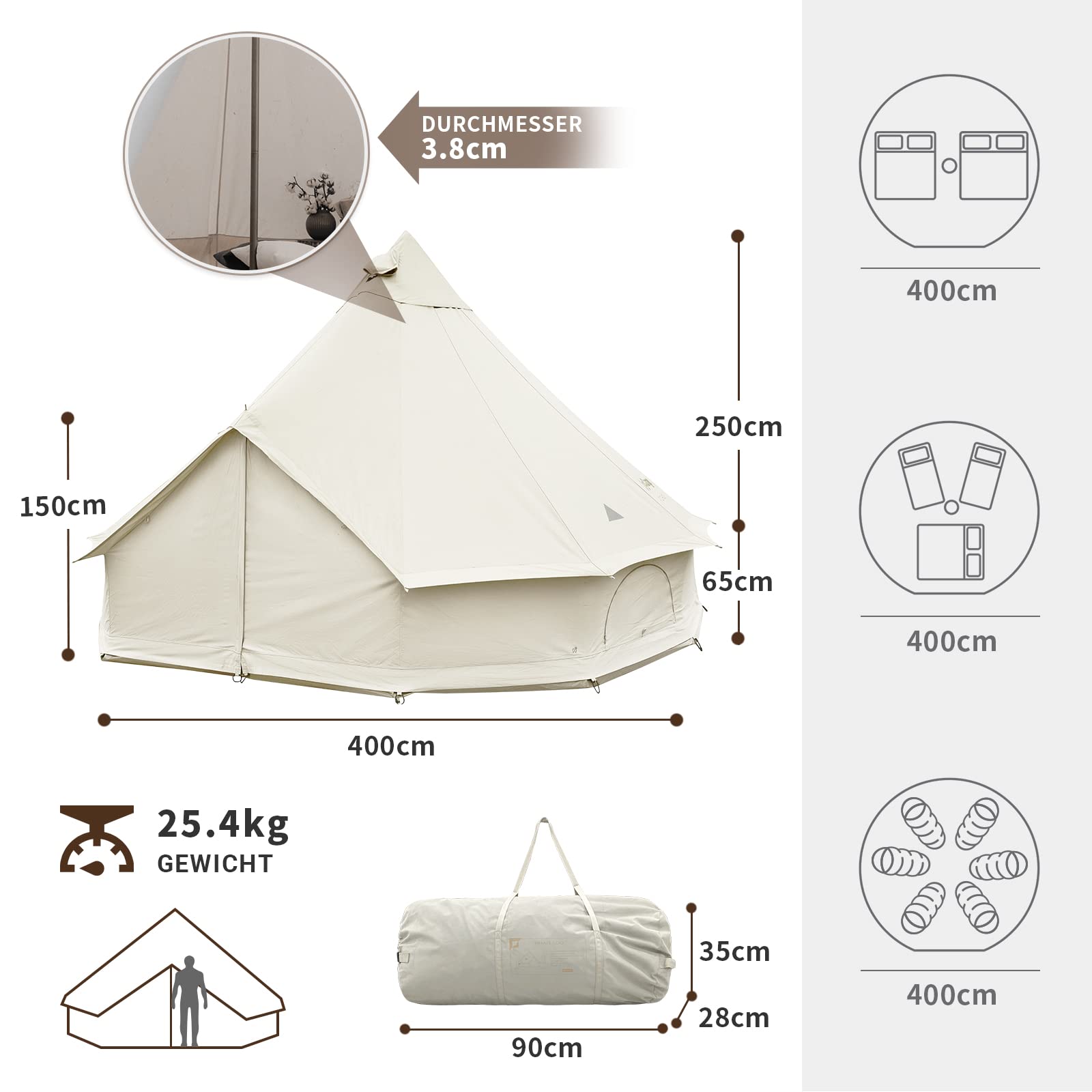 KingCamp Khan 4-5M Canvas Glockenzelt, 4-10 Personen 4-Jahreszeiten Glamping Jurte mit Ofenöffnung, 210g TC /280g C Atmungsaktives Wasserdichtes Campingzelt für Familien-Outdoor-Winterreisen, Khaki