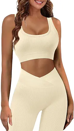 JZC Workout Outfits for Women 2 Piece Ribbed Seamless Yoga Leggings Exercise Sets