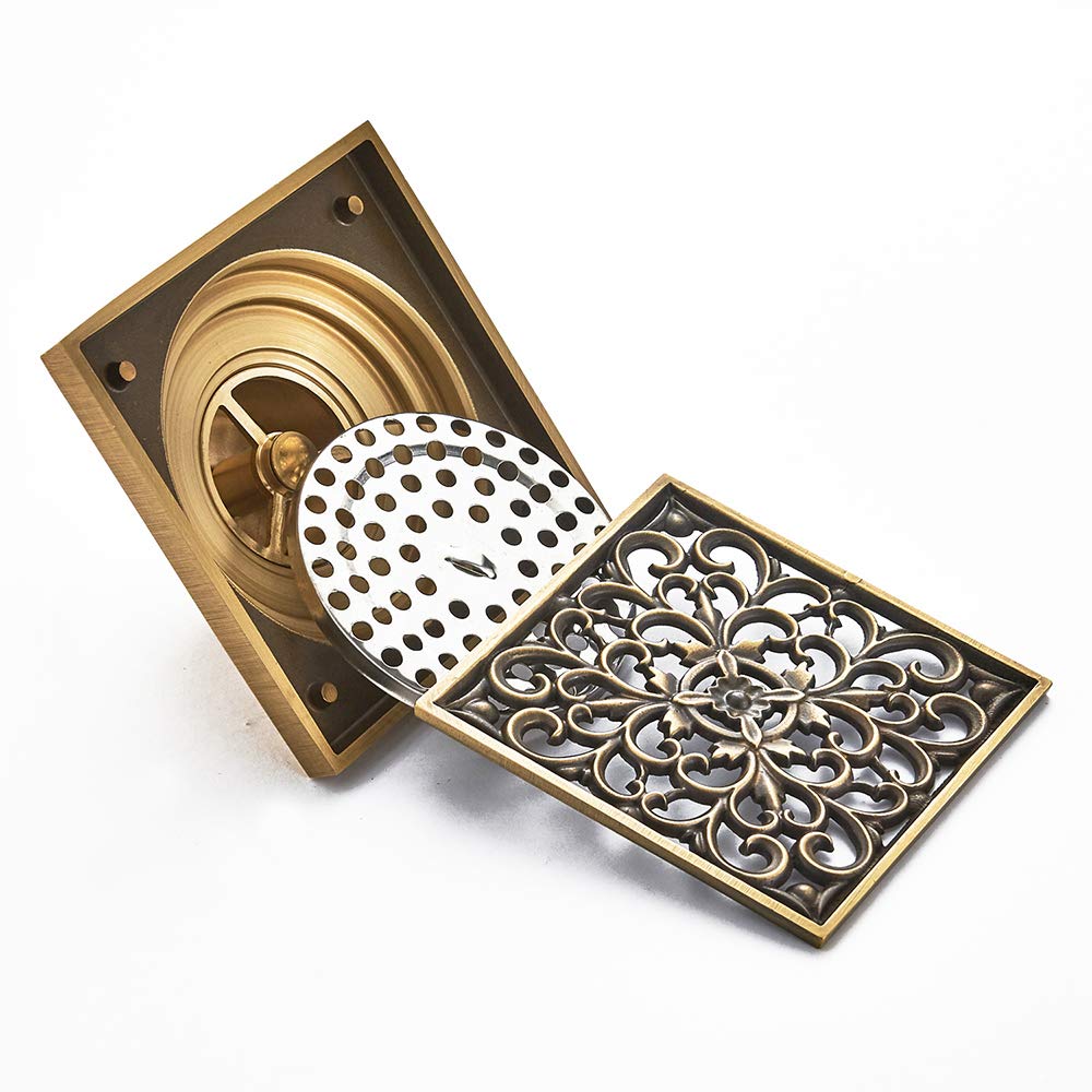 Drain de Plancher de Salle de Bain en Laiton - Anciennes Drain de Douche Carré Unique Fleur Sculptée pour Toilettes Jardin 10 * 10CM