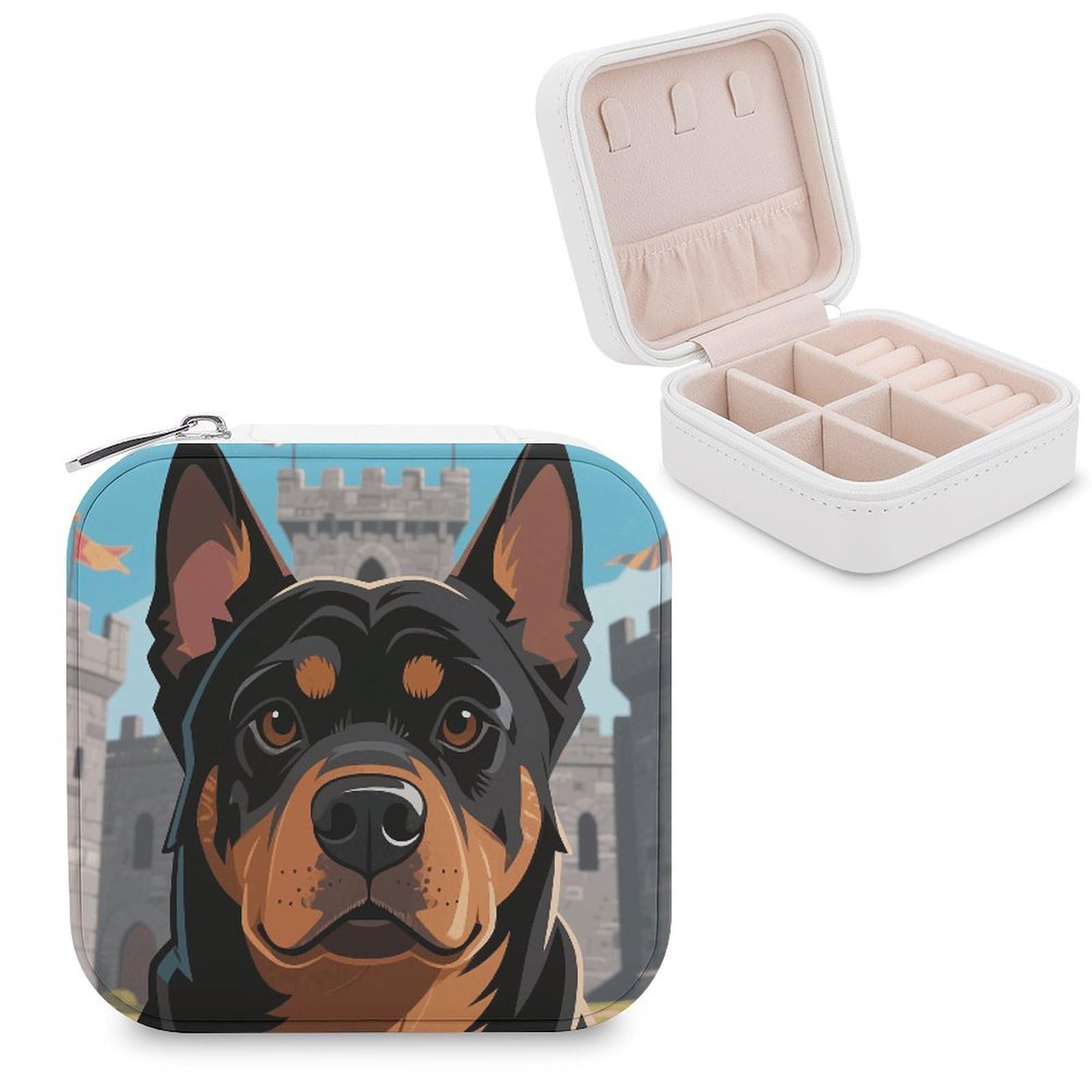 VstaDank Rottweiler Jewelry Box for Women Jewelry Organizer Storage Case with Zipper Mini Travel Jewelry Case Cute Trinket Organizer Leather Portable Jewelry Storage Box