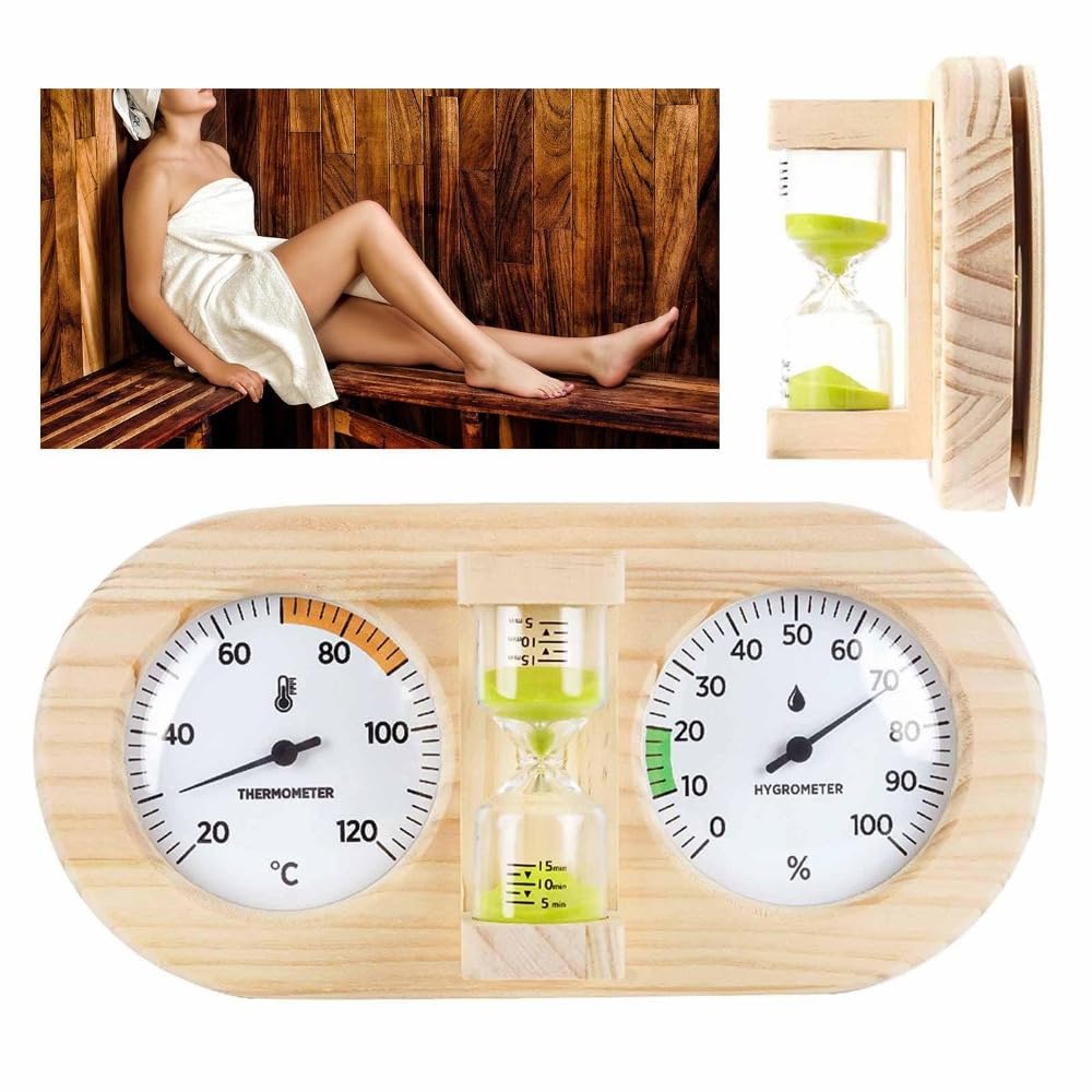 Thermometer Hygrometer mit Sanduhr-Timer & Holzrahmen, Feuchtigkeitsmesser für Sauna, Hotel, Schlafzimmer und Gewächshaus (Grün)