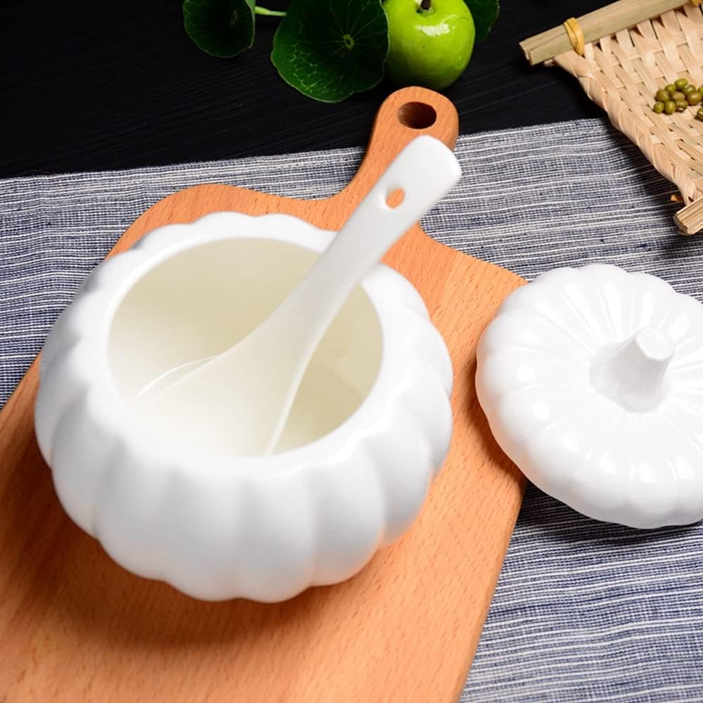 Sugar bowl with lid sugar bowl Ceramic Pumpkin Bowl with Lid and Spoon, Household White Bone China Coffee Sugar Bowl Porcelain Honey Jar Sugar Dispenser Honey Pot, Parent