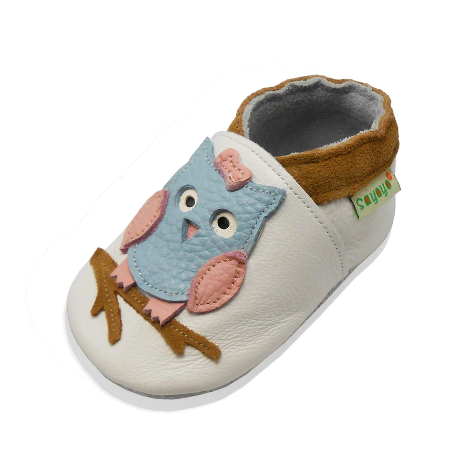 SAYOYO Baby Owl Shoes Soft Leather Sole Infant Toddler Prewalker Shoes (6-12 Months, White)