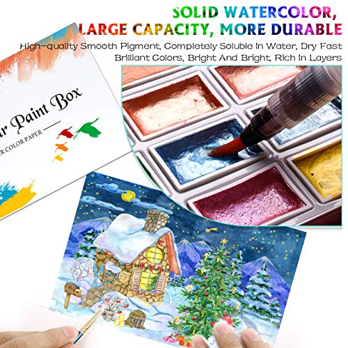 RATEL Aquarellfarben-Set, Aquarellkasten -- 48 feste Farbpigmente + 1 hochwertiger Pinsel + 20 Blätter + 2 Aquarellstifte, wasserlösliches und leicht zu mischendes Aquarellfarben-Set – Bild 4