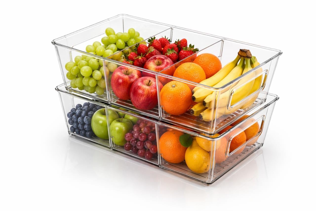 Clear Stackable Fridge Organiser Bins with Dividers, Set of 2, Transparent Plastic Food Storage Baskets for Refrigerator-image-7