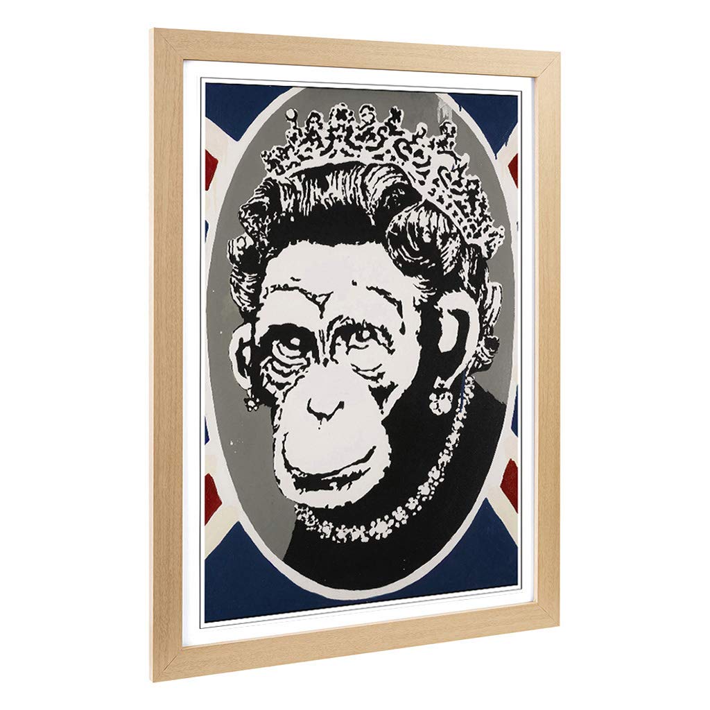 Big Box Art Framed Print of Banksy Monkey Queen Graffiti Design | Wall Art Picture | Home Decor for Kitchen, Living Room, Bedroom, Hallway, Oak, A2 / 24.5x18 Inch / 62x45cm