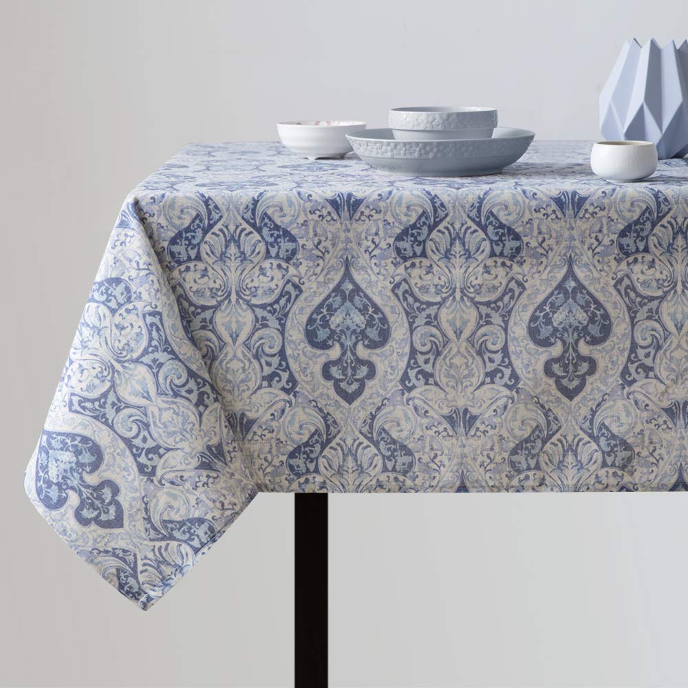 Tablecloth Damask Medallion Printed Table Cloth for Kitchen Flax Linen Textured Medallion Design (1 Panel,Blue, 51 Inch by...