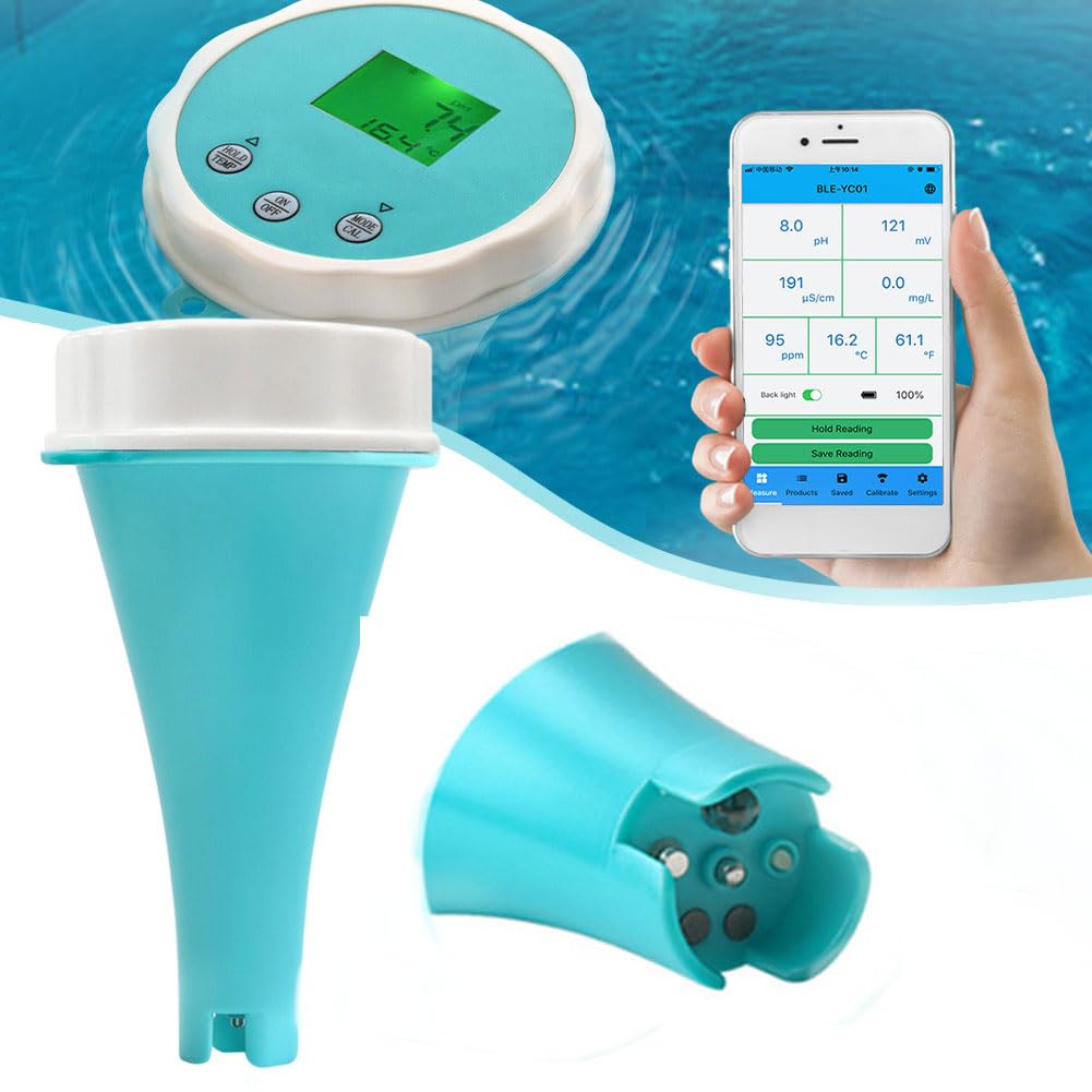 SYUFRE Medidor de Ph Bluetooth, Ip67 a Prueba de Agua Múltiples Pantallas en Una Pantalla PH EC TDS ORP Temp Residual Chlorine Water Tester Pen Sonda de Precisión para Agua Potable Piscina Acuario