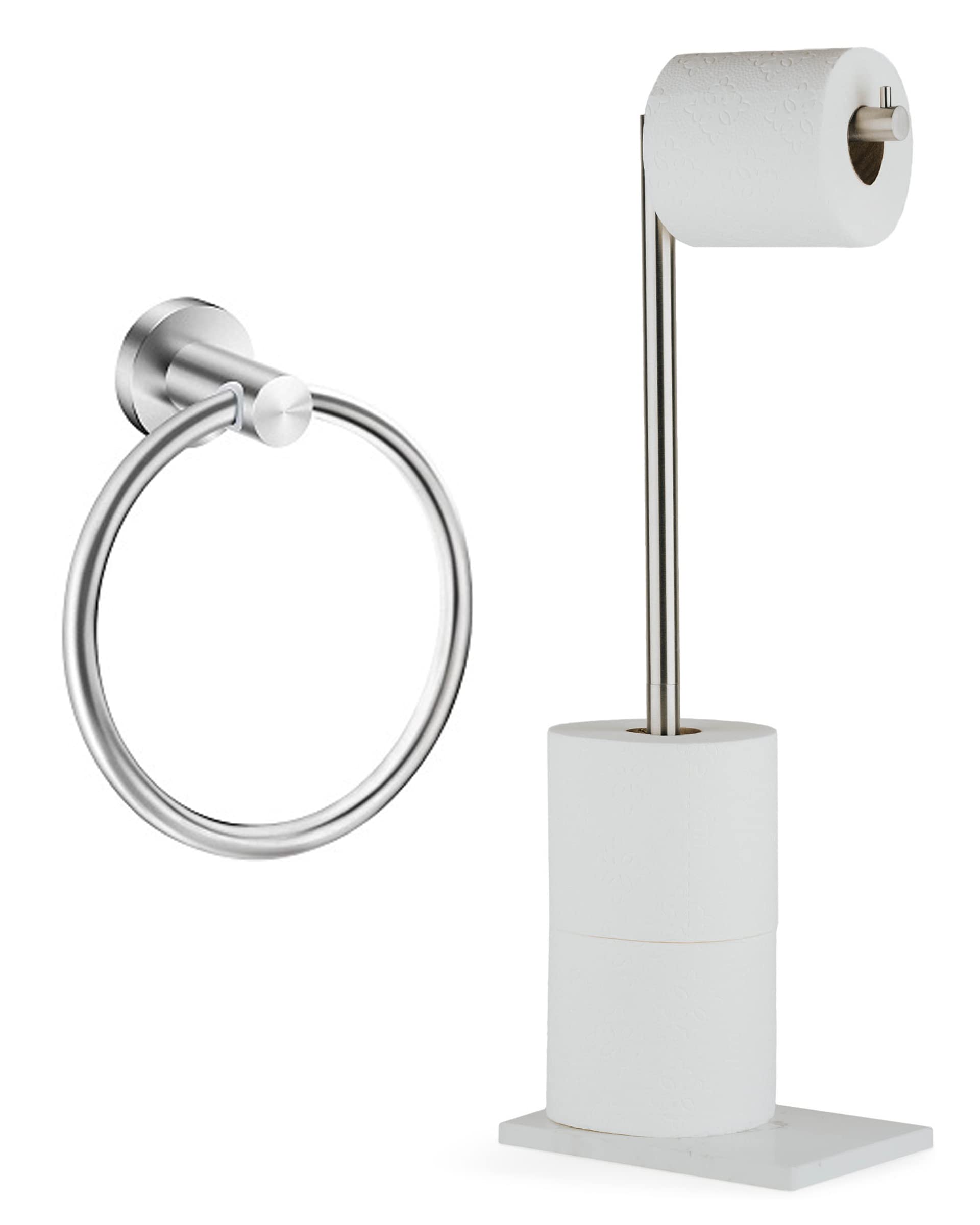 Marmolux Acc - Brushed Towel Ring for Bathroom and Paper Holder Stand with White Marble Base - Modern Hand Towel Holder and Free Standing Toilet Paper Holder Dispenser with Premium SUS304 Stainless St