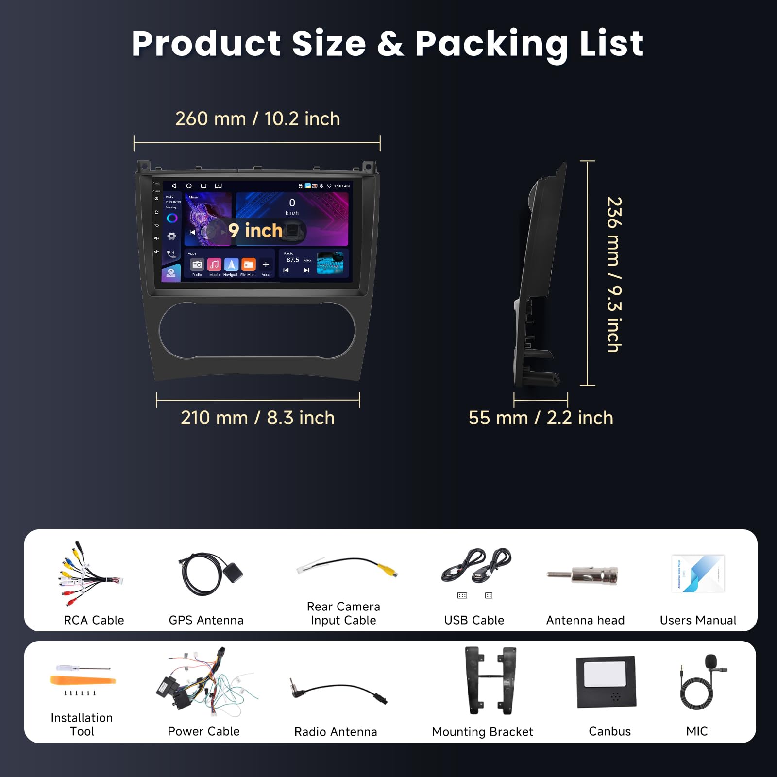 Radio para Coche [4GB+64GB] para Mercedes-Benz Clase C/GLK (2005-2009), Radio para Coche con Pantalla táctil de 9 Pulgadas, Android 13, CarPlay, Android Auto, BT5.0, WiFi, GPS, RDS, FM, EQ