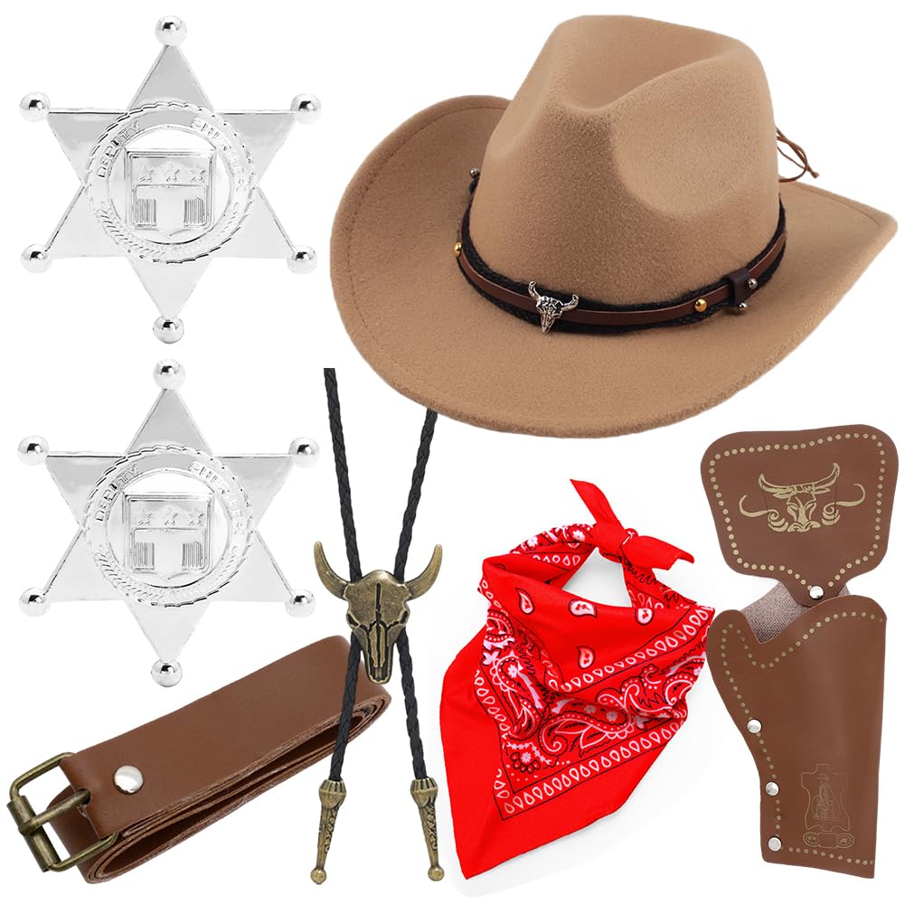 Cowboy Costume, 7PCS Western Cowboy Fancy Dress Accessories Set with Hat Bandanna Holster Belt Necklace Badge Classic Western Cowboys Hat Cowboys Cosplay Costume for Adult Carnival Halloween( Brown)