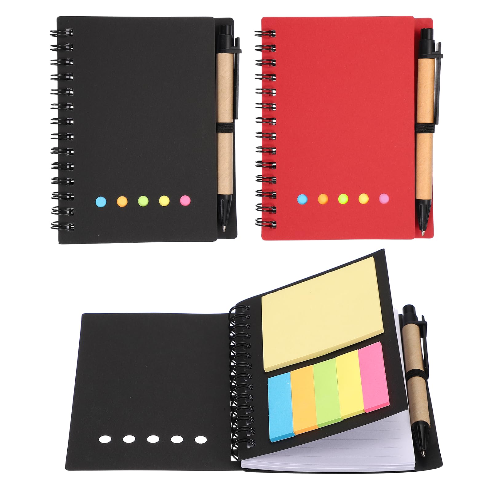 PATIKIL 2 Pack Spiral Notebooks with Sticky Notes Pen, 3.9x5.1 Small Pocket Notepads Lined Paper Notebook with Pen, 6 Colors Sticky Notes for Business Office, Black/Red