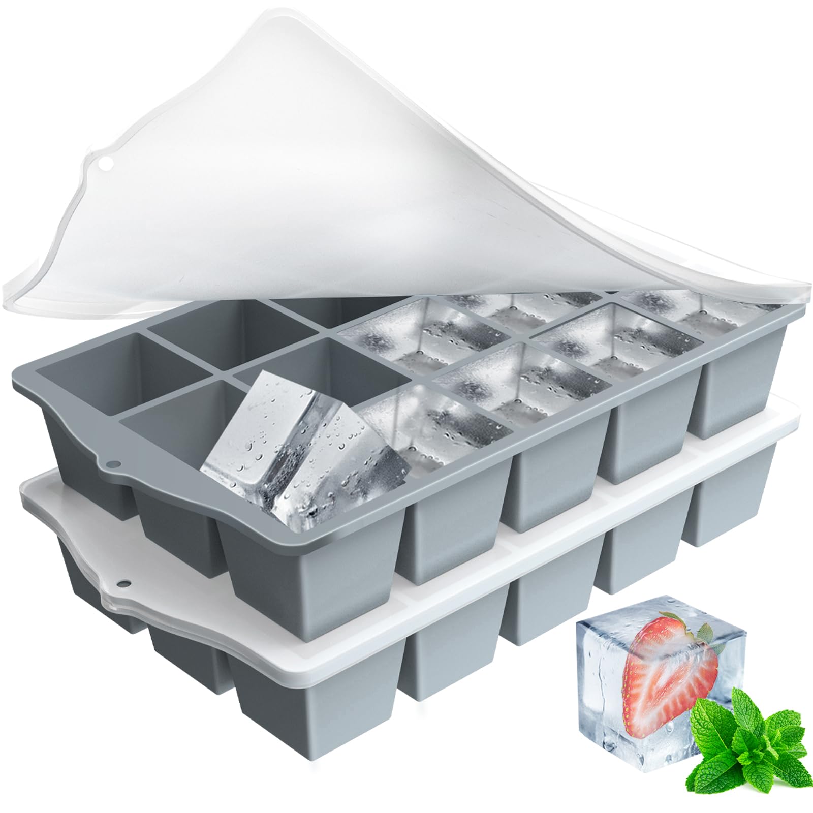 ZUIMENG Silicone Ice Cube Tray with Lid, 15 Square Molds Stackable Dishwasher Easy Release & BPA Free, Ice Cube Molds for Cocktail, Whiskey, Coffee (Grey, 2 Packs)
