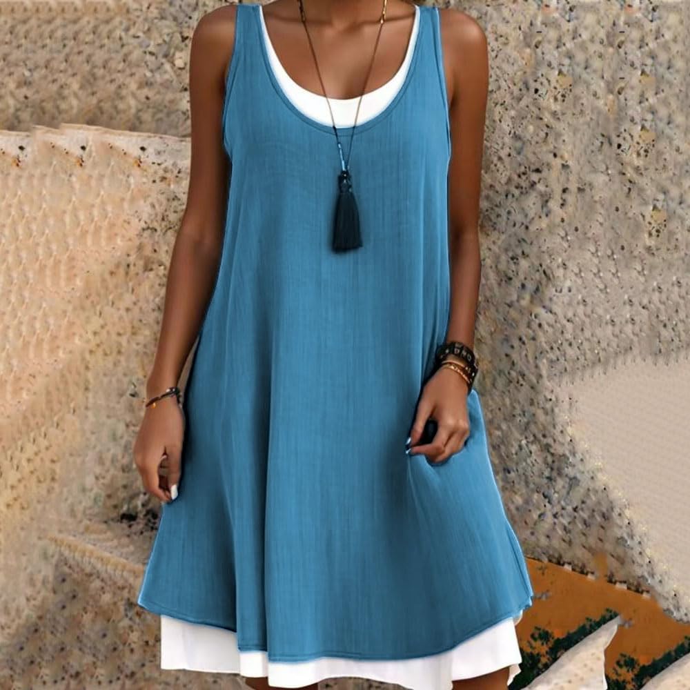 Damen-Midikleid aus Baumwollleinen, ärmelloses U-Ausschnitt-Midikleid in Knielänge, A-Linien-Tunika, Mini-Swing-Sommerkleid, lässiges Strand-Sonnenkleid
