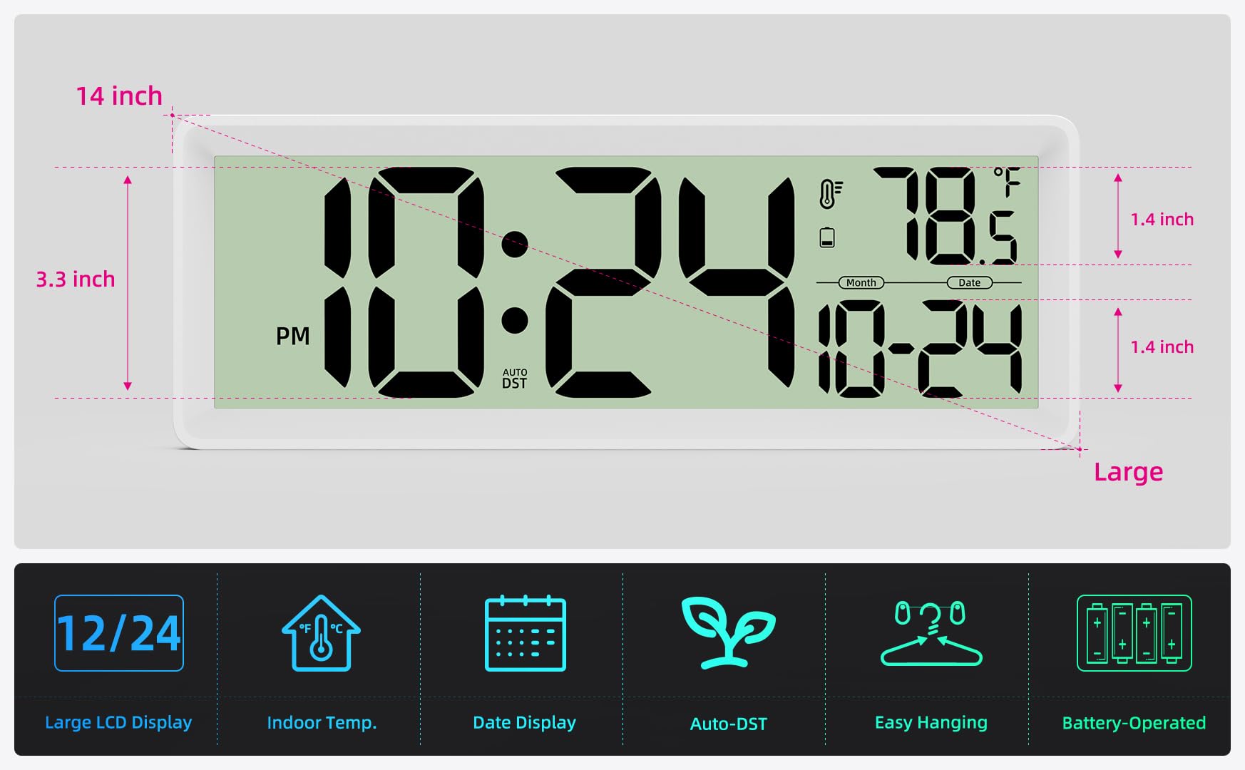 35,6 cm große digitale Wanduhr, batteriebetrieben mit Temperatur, Datum, Sommerzeit, große Digitaluhr für Küche, Bauernhaus, Schlafzimmer, Badezimmer, Klassenzimmer, Büro, Wohnzimmer – modern, leise