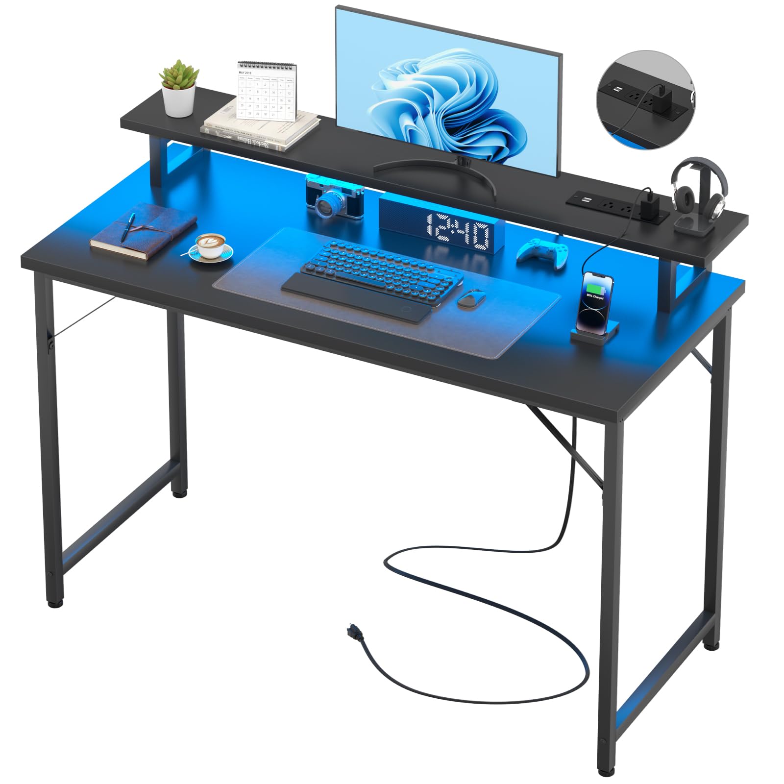 Computer Desk with USB Power Outlets and LED Lights, 47 inch Gaming Desk with Monitor Stand for Small Space Home Office, Modern Simple Study Writing Table PC Desks, Black