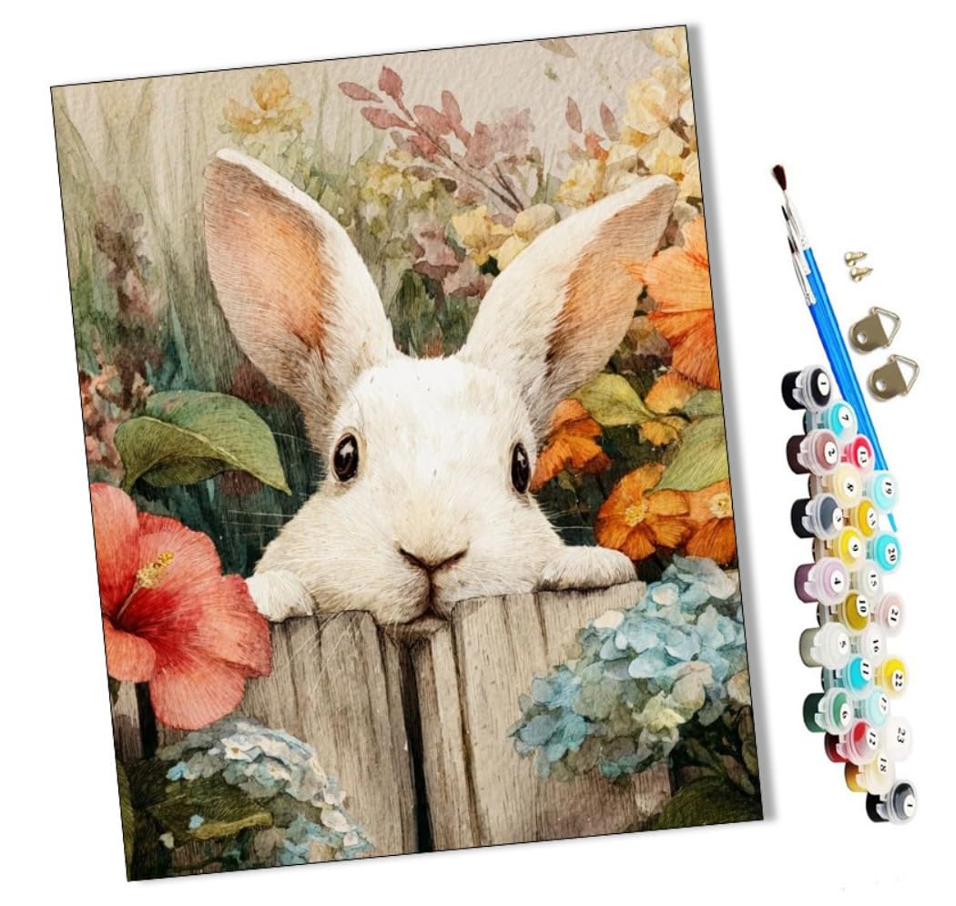 WMZPOY Paint by Numbers Kits for Adults Little White Rabbit in The Flowers with Brushes and Acrylic Pigment DIY Digital Canvas Painting for Adults Beginner-16X20 Inch Frameless