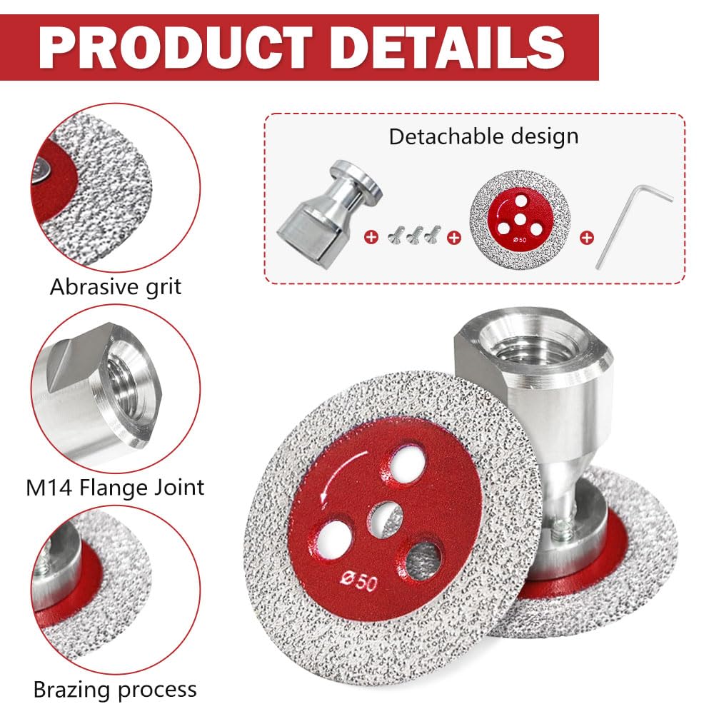 5 Piezas Mini Disco Diamante 50mm para Porcelanico, Disco Corte Diamante y 1 Pieza M14 Brida para Mármol Metal Cerámica Granito Piedra, Corta Azulejos Accesorios, Fijación de 1 más 3 Agujeros