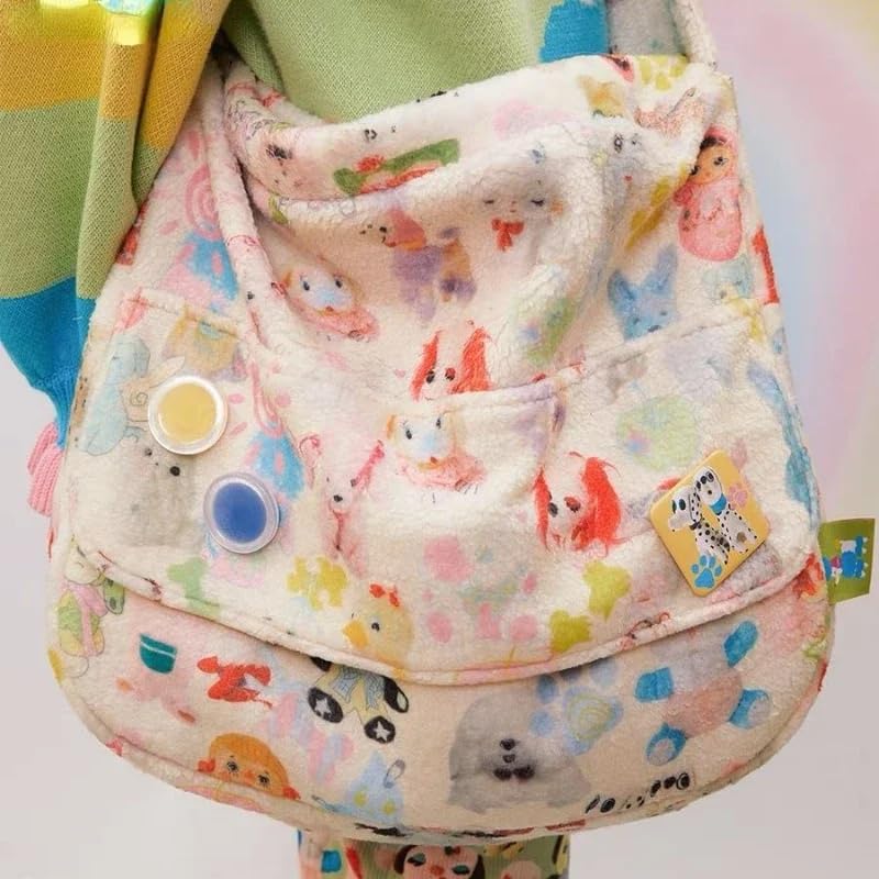 Women's Y2K Aesthetics Shoulder Bag Sweet Fleece Bag Cute Dog Colorful Shoulder Bag High-Capacity Plush Bag4