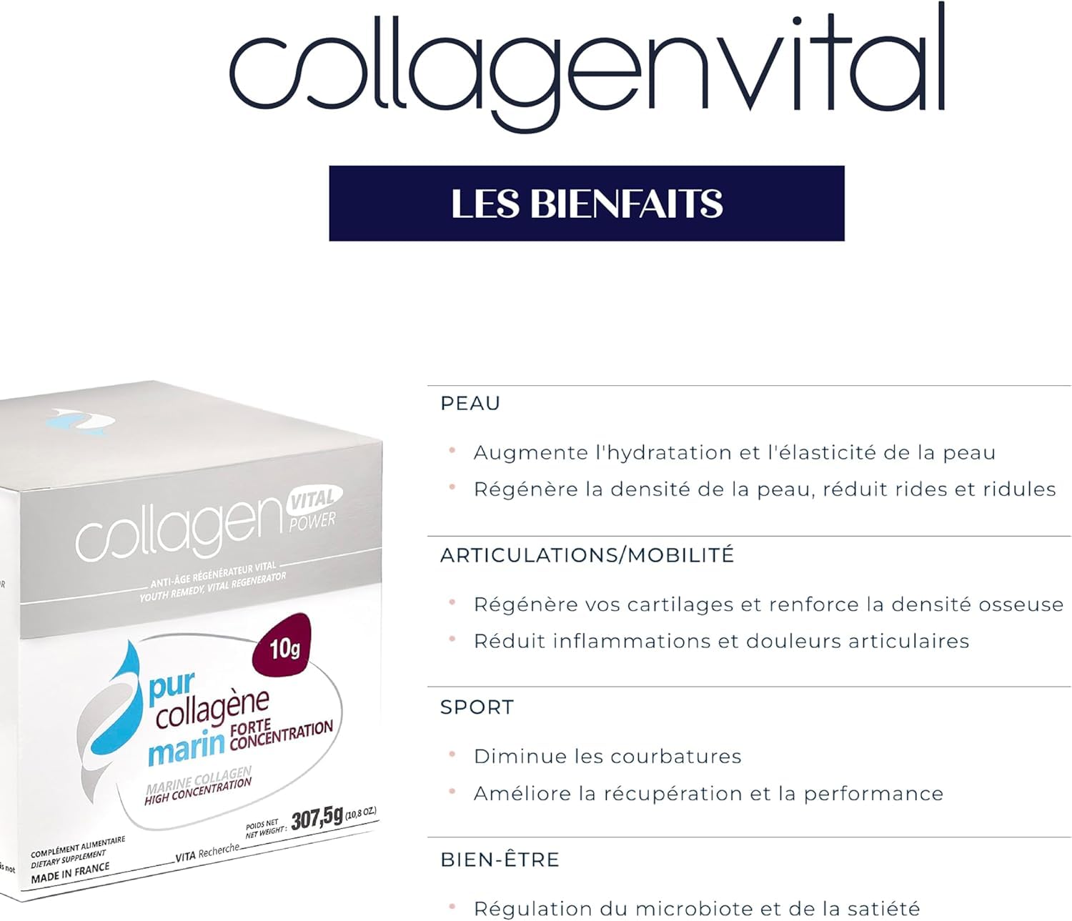 Collagen Vital Power - Actifs de Biopeptides de Pur Collagène Marin à Forte Concentration - Complément Alimentaire Anti-Âge Régénérateur, Fabrication Française - Arôme Pêche, 10g