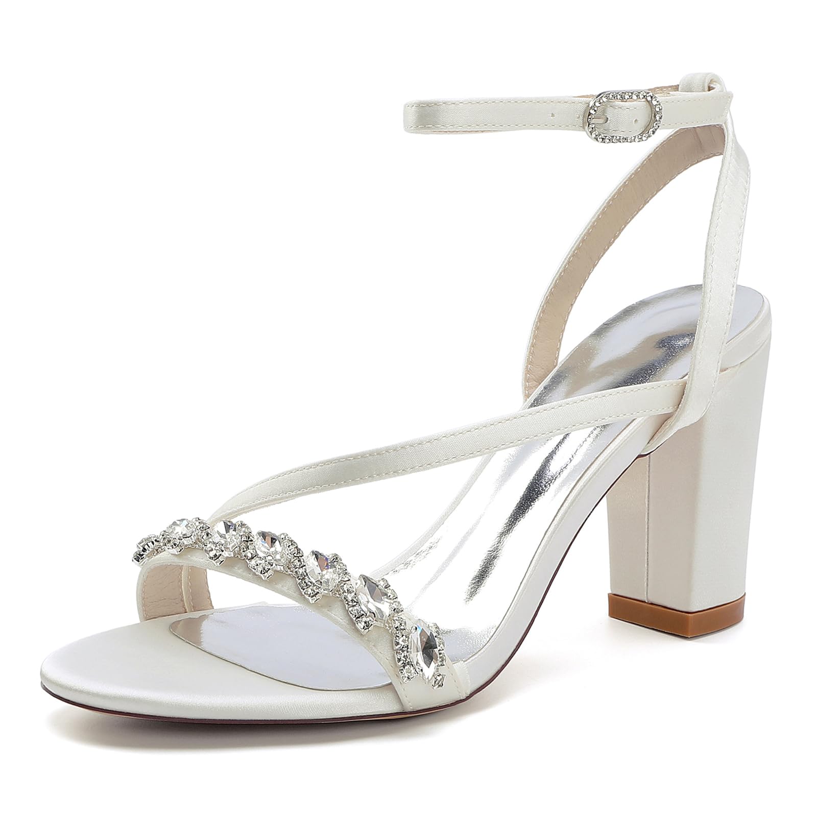 Sandali da Sposa Eleganti, Tacco Alto a Blocco Scarpe da Sposa da Donna, Cinturino alla Caviglia, Decorazioni in Cristallo, Avorio/Bianco