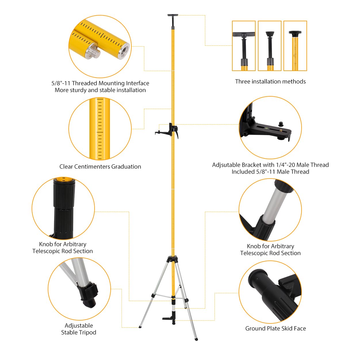 Poste telescópico de nivel láser con trípode, soporte de nivel láser de 3,7 m, incluye soporte láser de 1/10.2 cm-20 y adaptador de 5/20.3 cm-11 para láseres rotativos/de línea
