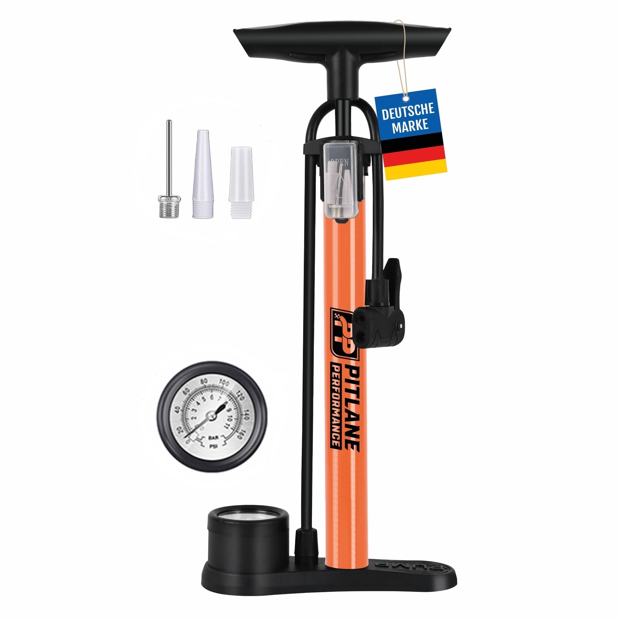 Pitlane Performance® Fahrradpumpe mit Manometer, Standluftpumpe 42 cm für alle Ventile (Schrader, Presta, Dunlop) Luftpumpe inkl. Ballnadel & Adapter, bis 11 Bar für Fahrrad, Ball, Luftmatratze Sport & Freizeit