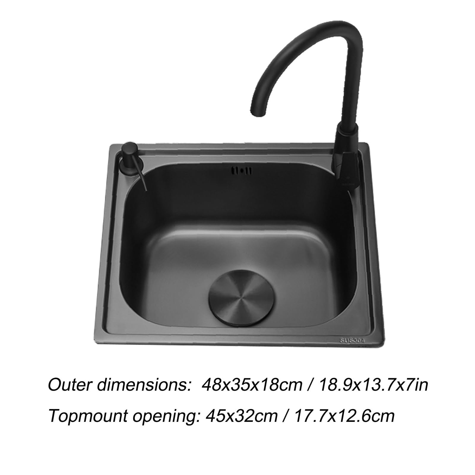 Fregadero Camper con Grifo de Agua Fría y Caliente, Fregadero Cocina de Acero Inoxidable Negro con Rejilla para Bar de Caravana o Autocaravana(48x35cm/18.9x13.7in)