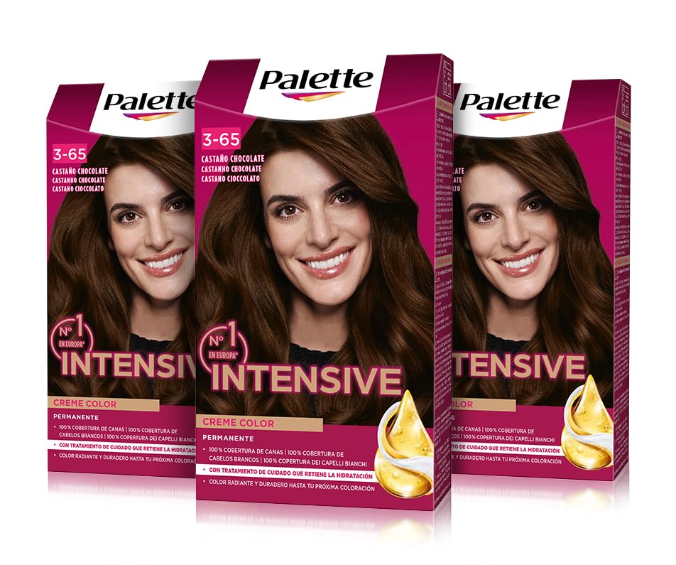 Palette Intensive Creme Color 3-65 Castaño Chocolate, tinte permanente con aceite de macadamia y almendras, cubre el 100% de las canas y raíces, para un pelo radiante, Pack 3