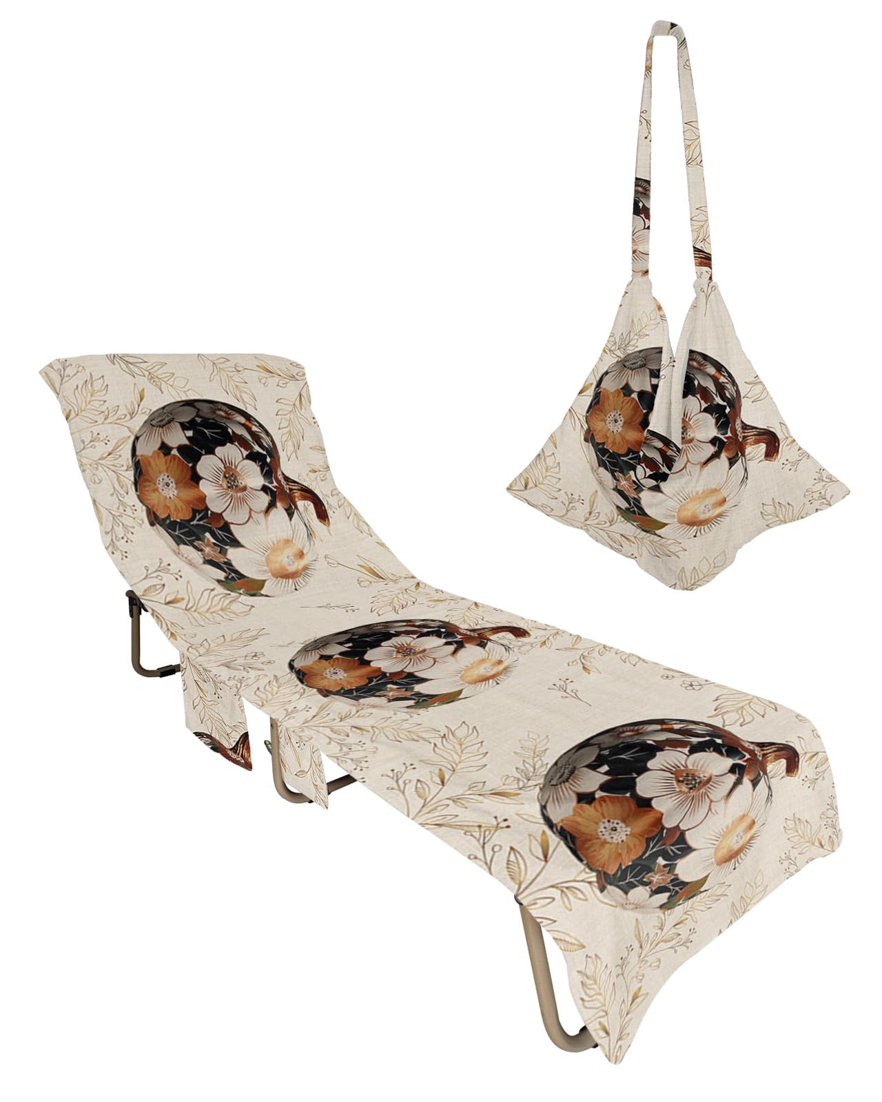Elegant Pumpkins Beach Chair Towel Covers for Chaise Lounge with Side Pocket, Soft Plush Pool Towels Cover for Patio Sunbathing Outdoor 29''x85'' Luxurious Fall Flower Minimalist Leaves