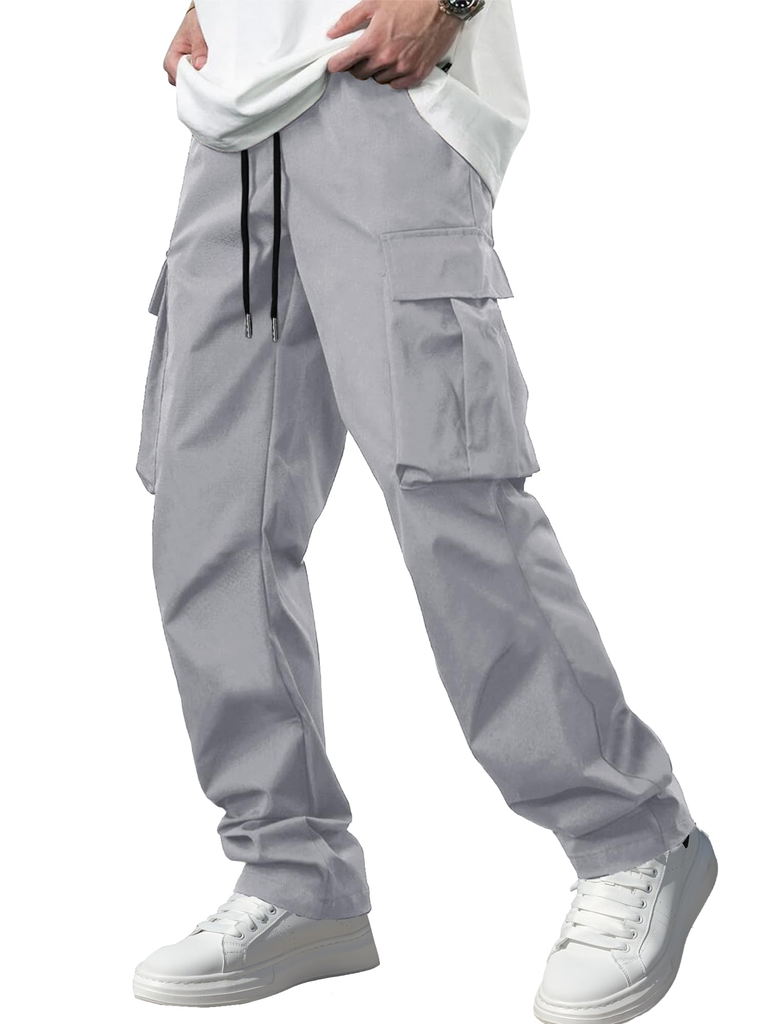 Comdecevis Men's Casual Cargo Pants Workout Joggers Stretch Sweatpants Hiking Drawstring Tactical Pants with Multi Pockets, Medium Grey, Medium