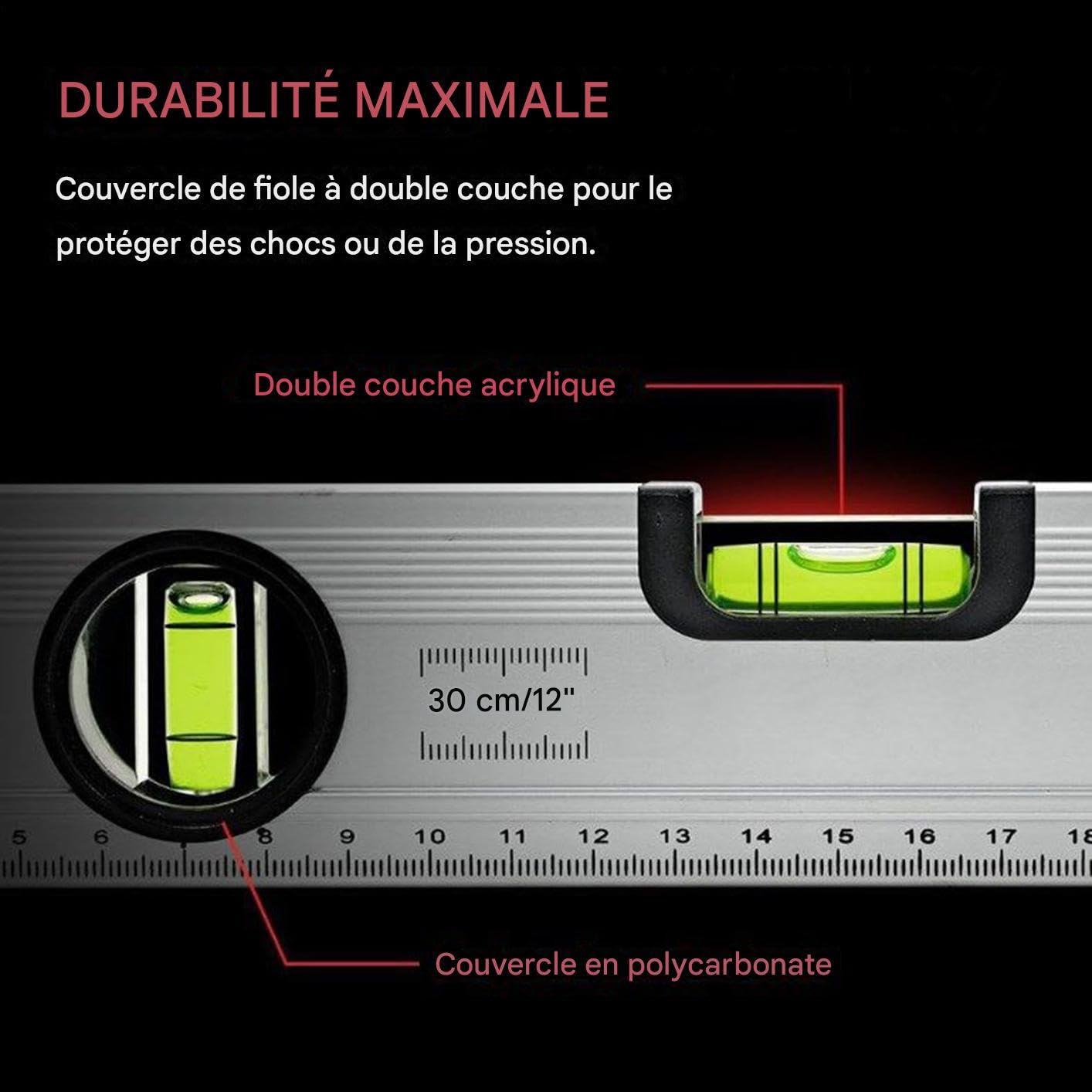 Niveau à Bulle,30 cm Niveau de Construction avec 3 Bulles | Règle Magnétique en d'Aluminium - pour Rénovation Électrique Pose d'Étagère Carrelage Sol