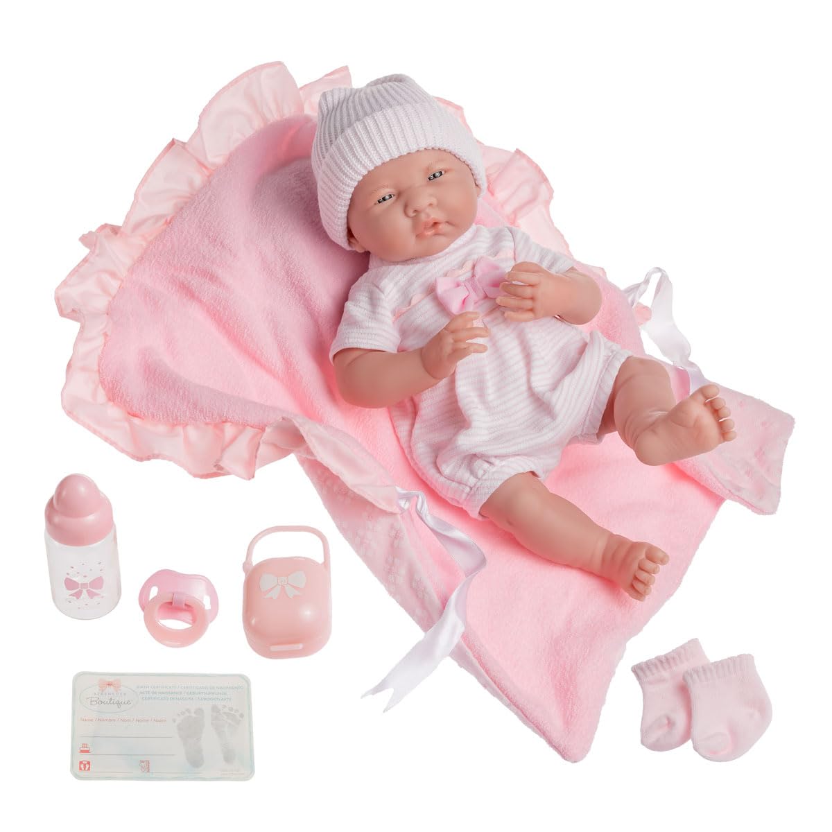 JC Toys- Muñeca La Newborn recién Nacida de 38 cm es de Cuerpo Blando, Incluye Ropa de Punto y 5 Accesorios, Rosa, diseñada en España por Berenguer, +2 años