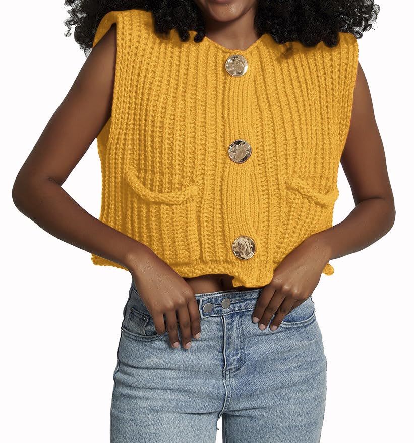 Image of Women's Sleeveless Crochet Cardigan Vest Casual Fashion Button Down Open Front Sweater Vest with Pockets