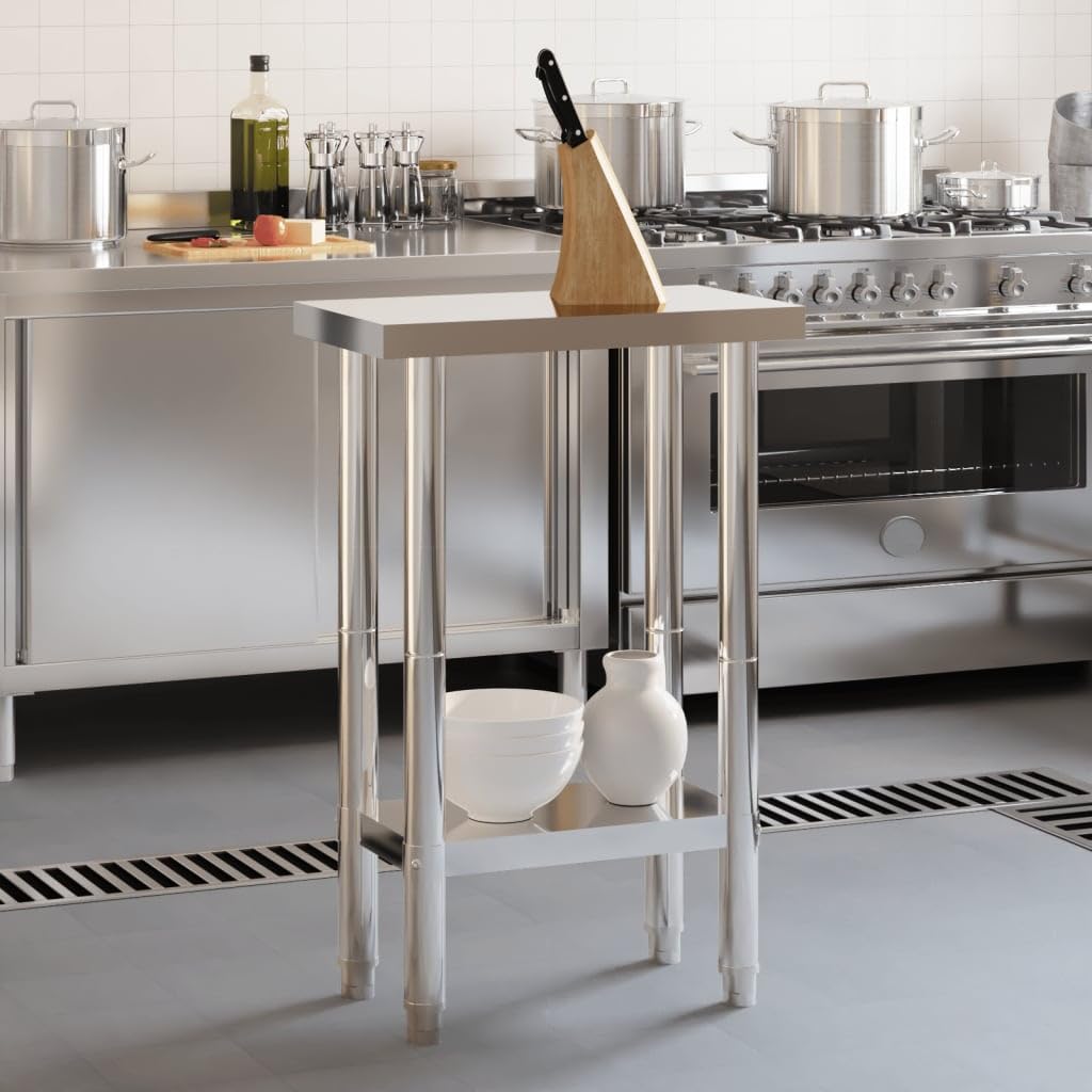 Mesa de trabajo de cocina de acero inoxidable 55 x 55 x 85 cm con estante, patas ajustables, suministros de gastronomía para restaurante, hotel, aperitivo, cocina grande, catering, bistro, pizzería
