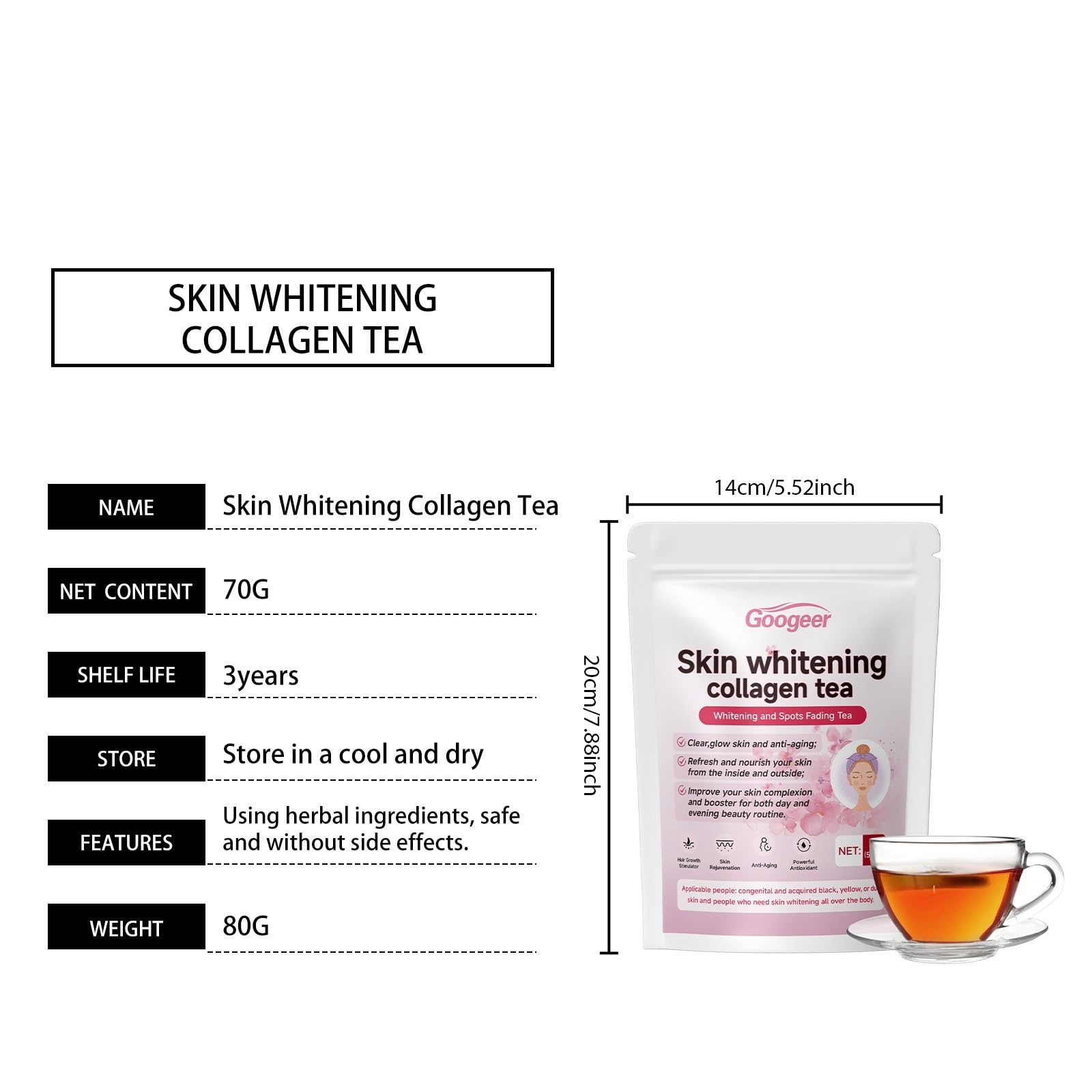 Té De Colágeno Blanqueador A Base De Hierbas Con Té Verde Y Poria Cocos: Ilumina Profundamente La Piel Y Realza La Luminosidad Del Cutis.(1PCS)