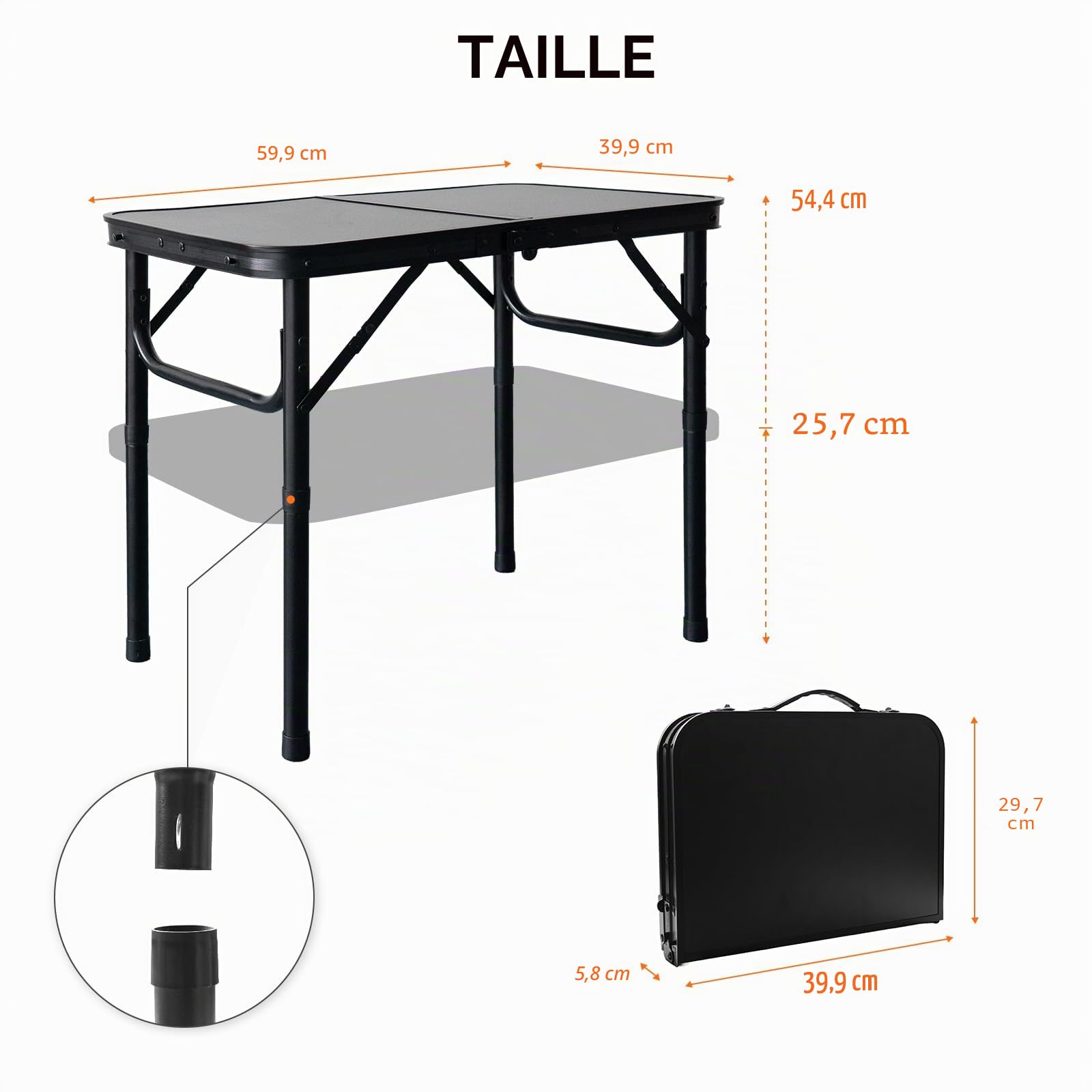 Table Pliante Compacte 60x40 cm 2 Hauteurs Réglables 26 55 cm Plateau MDF Noir Mat Pieds Aluminium Léger Poignée Transport pour Camping Pique-Nique Balcon Jardin